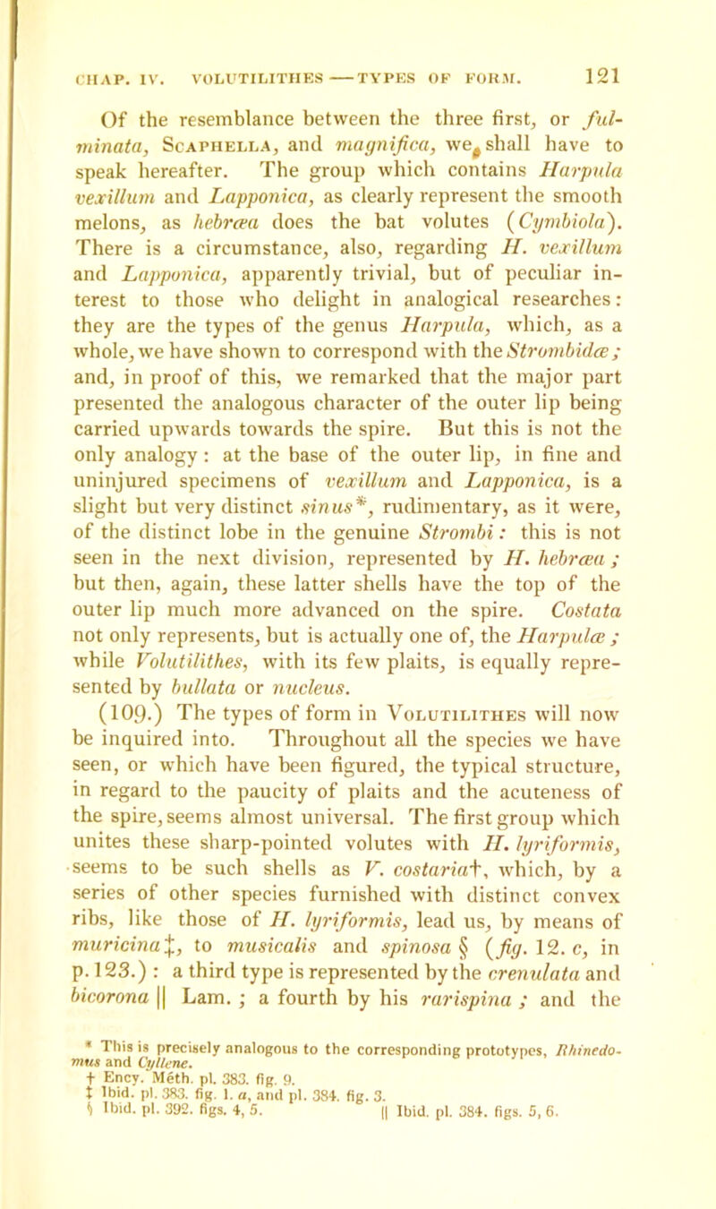 Of the resemblance between the three first, or ful- minata, Scaphella, and magnified, ive# shall have to speak hereafter. The group which contains Harpula vexillum and Lapponica, as clearly represent the smooth melons, as hebreea does the hat volutes (Cymbiola). There is a circumstance, also, regarding H. vexillum and Lapponica, apparently trivial, but of peculiar in- terest to those who delight in analogical researches: they are the types of the genus Harpula, which, as a whole, we have shown to correspond with the Strombidce ; and, in proof of this, we remarked that the major part presented the analogous character of the outer lip being carried upwards towards the spire. But this is not the only analogy: at the base of the outer lip, in fine and uninjured specimens of vexillum and Lapponica, is a slight but very distinct sinus*, rudimentary, as it were, of the distinct lobe in the genuine Strombi: this is not seen in the next division, represented by H. hebreea ; but then, again, these latter shells have the top of the outer lip much more advanced on the spire. Costata not only represents, but is actually one of, the Harpulce ; while Volutilithes, with its few plaits, is equally repre- sented by bullata or nucleus. (109.) The types of form in Volutilithes will now he inquired into. Throughout all the species we have seen, or which have been figured, the typical structure, in regard to the paucity of plaits and the acuteness of the spire, seems almost universal. The first group which unites these sharp-pointed volutes with II. lyriformis, seems to be such shells as V. costariaf, which, by a series of other species furnished with distinct convex ribs, like those of II. lyriformis, lead us, by means of muricinaX, to musicalis and spinosa § (fig. 12. c, in p. 123.) : a third type is represented by the crenulata and bicorona || Lam. ; a fourth by his rarispina ; and the * This is precisely analogous to the corresponding prototypes, Ithinedo- mus and Cyllene. t Ency. Meth. pi. 383. fig. 9. X Ibid. pi. 383. fig. 1. a, and pi. 384. fig. 3. ^ Ibid. pi. 392. figs. 4, 5. || Ibid. pi. 384. figs. 5, 6.