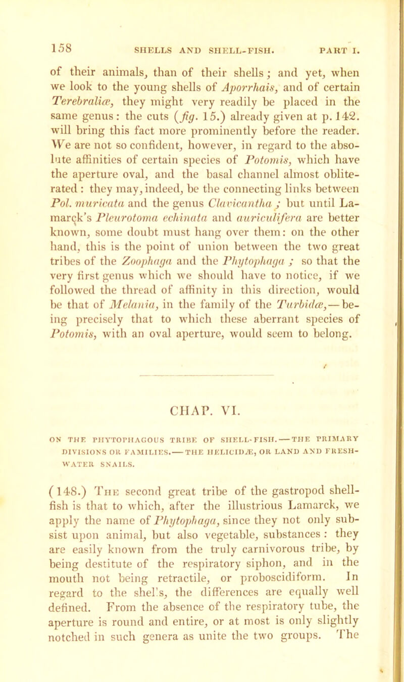of their animals, than of their shells; and yet, when we look to the young shells of Aporrhais, and of certain Terebralice, they might very readily he placed in the same genus: the cuts (_/?$. 15.) already given at p. 142. will bring this fact more prominently before the reader. We are not so confident, however, in regard to the abso- lute affinities of certain species of Potomis, which have the aperture oval, and the basal channel almost oblite- rated : they may, indeed, be the connecting links between Pol. muricata and the genus Clavicantha ; hut until La- marck’s Pleurotoma ecliinata and auriculifera are better known, some doubt must hang over them: on the other hand, this is the point of union between the two great tribes of the Zoophaga and the Phytophaga ; so that the very first genus which we should have to notice, if we followed the thread of affinity in this direction, would be that of Melania, in the family of the Turbida,— be- ing precisely that to which these aberrant species of Potomis, with an oval aperture, would seem to belong. CHAP. VI. ON THE PHYTOPHAGOUS TRIBE OF SHELL-FISH. THE PRIMARY DIVISIONS OR FAMILIES. THE IIELILTDA5, OR LAND AND FRESH- WATER SNAILS. (148.) The second great tribe of the gastropod shell- fish is that to which, after the illustrious Lamarck, we apply the name of Phytophaga, since they not only sub- sist upon animal, but also vegetable, substances : they are easily known from the truly carnivorous tribe, by being destitute of the respiratory siphon, and in the mouth not being retractile, or proboscidiform. In regard to the shells, the differences are equally well defined. From the absence of the respiratory tube, the aperture is round and entire, or at most is only slightly notched in such genera as unite the two groups. The