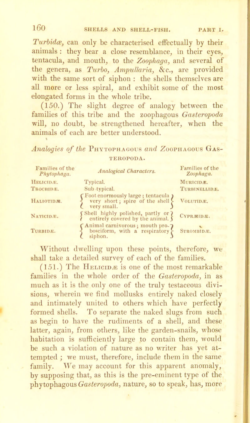 Turbidce, can only be characterised effectually by their animals : they bear a close resemblance, in their eyes, tentacula, and mouth, to the Zoophaga, and several of the genera, as Turbo, Ampullaria, &c., are provided with the same sort of siphon : the shells themselves are all more or less spiral, and exhibit some of the most elongated forms in the whole tribe. (150.) The slight degree of analogy between the families of this tribe and the zoophagous Gasteropoda will, no doubt, be strengthened hereafter, when the animals of each are better understood. Analogies of the Phytophagous and Zoophagous Gas- teropoda. Families of the Phytophaga. Analogical Characters. Families of the Zoophaga. Hblicidje. Typical. Muricidje. Trochidjs. Sub typical. C Foot enormously large ; tentacula 1 < very short; spire of the shell £ C very small. ) Tljltlll NELLID.E. Haliotidjb. Vom-niLE. NaTICID/K. f Shell highly polished, partly or 1 f entirely covered by the animal. 5 Cypr/eid.'E. f Animal carnivorous; mouth pro-*! V TURBID/E. •< bosciform, with a respiratory £ C siphon. 3 StROMBID/E. Without dwelling upon these points, therefore, we shall take a detailed survey of each of the families. (151.) The Helicidje is one of the most remarkable families in the whole order of the Gasteropoda, in as much as it is the only one of the truly testaceous divi- sions, wherein we find mollusks entirely naked closely and intimately united to others which have perfectly formed shells. To separate the naked slugs from such as begin to have the rudiments of a shell, and these latter, again, from others, like the garden-snails, whose habitation is sufficiently large to contain them, would be such a violation of nature as no writer has yet at- tempted ; we must, therefore, include them in the same family. We may account for this apparent anomaly, by supposing that, as this is the pre-eminent type of the phytophagous Gasteropoda, nature, so to speak, has, more