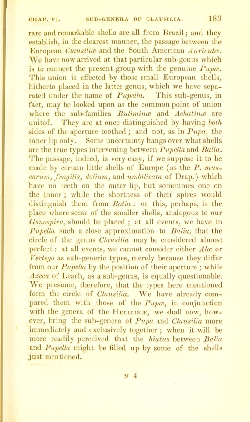 rare and remarkable shells are all from Brazil; and they establish, in the clearest manner, the passage between the European Clausilia; and the South American Auricula;. We have now arrived at that particular sub-genus which is to connect the present group with the genuine Pupa;. This union is effected by those small European shells, hitherto placed in the latter genus, which we have sepa- rated under the name of Pupella. This sub-genus, in fact, may be looked upon as the common point of union where the sub-families Bulimince and Achatince are united. They are at once distinguished by having both sides of the aperture toothed ; and not, as in Pupa, the inner lip only. Some uncertainty hangs over what shells are the true types intervening between Pupella and Balia. The passage, indeed, is very easy, if we suppose it to be made by certain little shells of Europe (as the P. mus- corum, frugilis, dolium, and urnbilicata of Drap.) which have no teeth on the outer lip, but sometimes one on the inner ; while the shortness of their spires would distinguish them from Balia : or this, perhaps, is the place where some of the smaller shells, analogous to our Gonospira, should be placed ; at all events, we have in Pupella such a close approximation to Balia, that the circle of the genus Clausilia may be considered almost perfect: at all events, we cannot consider either Ala; or Vertego as sub-generic types, merely because they differ from our Pupella by tbe position of their aperture; while Aseca of Leach, as a sub-genus, is equally questionable. We presume, therefore, that the types here mentioned form the circle of Clausilia. We have already com- pared them with those of the Pupa;, in conjunction with the genera of the Helicinje, we shall now, how- ever, bring the sub-genera of Pupa and Clausilia more immediately and exclusively together; when it will be more readily perceived that the hiatus between Balia and Pupella might be filled up by some of the shells just mentioned.