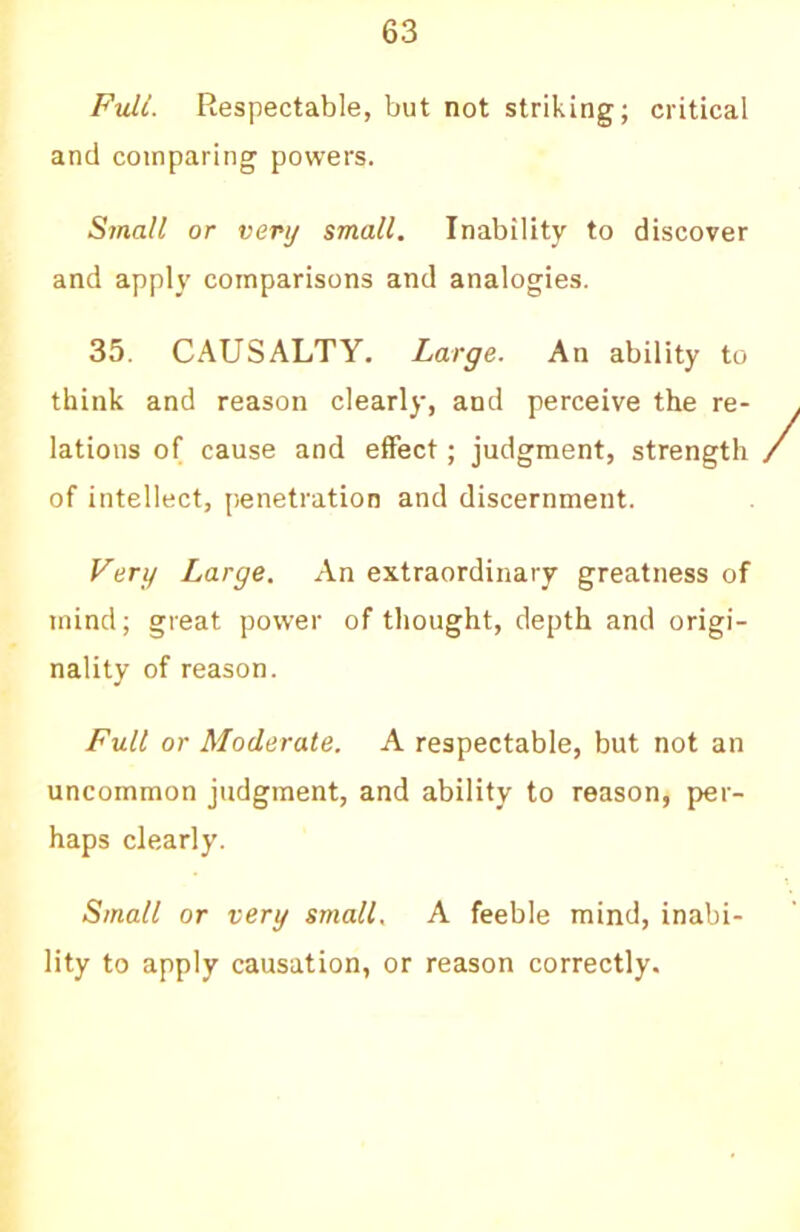 FvU. Respectable, but not striking; critical and comparing powers. Small or veri/ small. Inability to discover and apply comparisons and analogies. 35. CAUSALTY, Large. An ability to think and reason clearly, and perceive the re- lations of cause and efifect; judgment, strength of intellect, penetration and discernment. Verg Large. An extraordinary greatness of mind; great power of thought, depth and origi- nality of reason. Full or Moderate. A respectable, but not an uncommon judgment, and ability to reason, per- haps clearly. Small or very small, A feeble mind, inabi- lity to apply causation, or reason correctly.