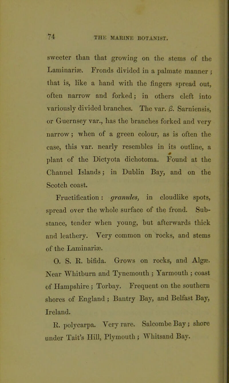 sweeter than that growing on tlie stems of the Laiuinariae. Fronds divided in a palmate manner ; that is, like a hand with the fingers spread out, often narrow and forked; in others cleft into variously divided branehes. The var. /3, Sarniensis, or Guernsey var., has the branches forked and very narrow; when of a green colour, as is often the case, this var. nearly resembles in its outline, a # plant of the Dictyota dichotoma. Found at the Channel Islands; in Dublin Bay, and on the Scotch coast. Fructification: granules, in cloudlike spots, spread over the whole surface of the frond. Sub- stance, tender when young, but afterwards thick and leathery. Very common on rocks, and stems of the Laminarias. 0. S. R. bifida. Grows on rocks, and Algte. Near Whitburn and Tynemouth ; Yarmouth ; coast of Hampshire ; Torbay. Frequent on the southern shores of England ; Bantry Bay, and Belfast Bay, Ireland. R. polycarpa. Very rare. Salcombe Bay; shore under Tait’s Hill, Plymouth ; Whitsand Bay.