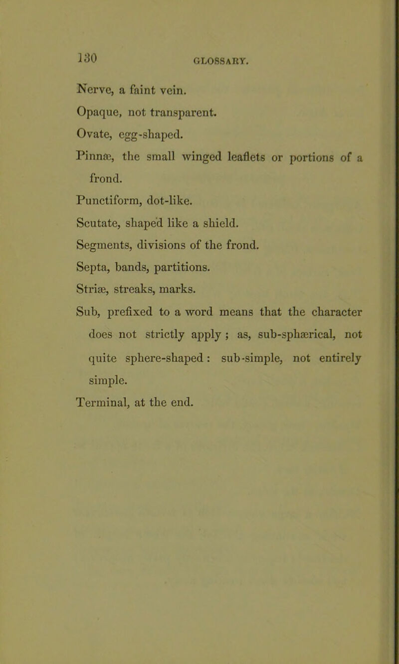 Nerve, a faint vein. Opaque, not transparent. Ovate, egg-shaped. Pinna;, tlie small winged leaflets or portions of a frond. Punetiform, dot-like. Scutate, shaped like a shield. Segments, divisions of the frond. Septa, bands, partitions. Strige, streaks, marks. Sub, preflxed to a word means that the character does not strictly apply ; as, sub-sphgerical, not quite sphere-shaped: sub -simple, not entirely simple. Terminal, at the end.