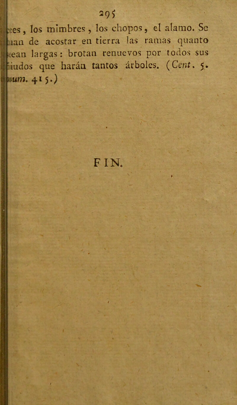 (39* :es, los mimbres, los chopos, el alamo. Se îan de acostar en tierra las ramas quanto ean largas : brotan renuevos por todos sus :iudos que harâa tantos ârboles. (Cent. 5. mm. 415.) \ FIN. *