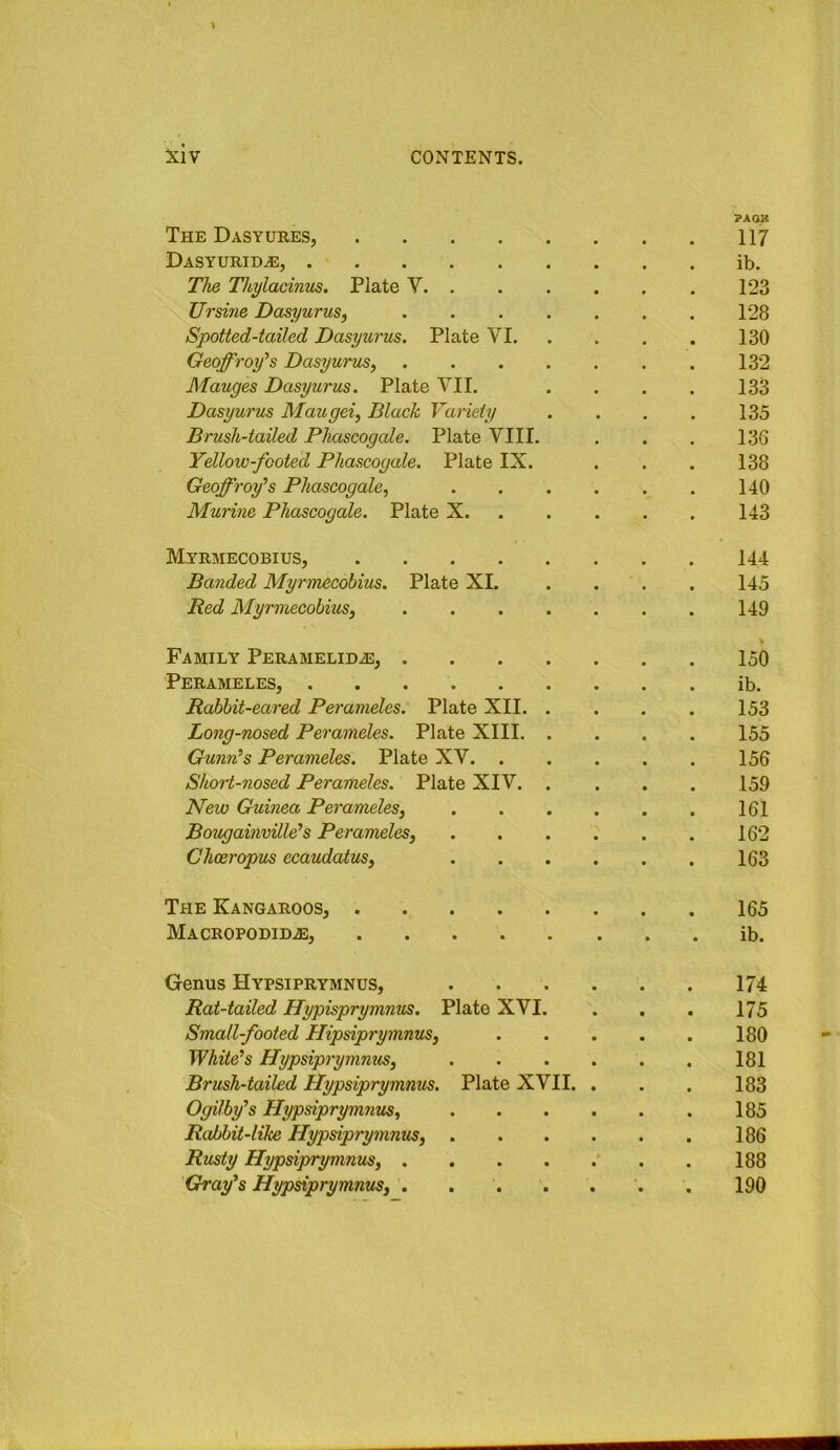 \ The Dasyures, ?AOB 117 Dasyurid^, ib. The Thylacinus. Plate V 123 Ursine DasyuruSj 128 Spotted-tailed Dasyurus. Plate VI, 130 Geoffrey^s Dasyurus^ 132 Manges Dasyurus. Plate VII. 133 Dasyurus Maugei, Blade Variety 135 Brush-tailed Phascogale. Plate VIII. 136 Yellow-footed Phascogale. Plate IX. 138 Geoffrey’s Phascogale., .... 140 Murine Phascogale. Plate X. . . 143 Myrmecobius, 144 Banded Myrmecobius. Plate XI. 145 Red Myrmecobius, 149 Family Peramelid^e, 150 Perameles, ib. Rabbit-eared Perameles. Plate XII. . 153 Long-nosed Perameles. Plate XIII. . 155 Gunn’s Perameles. Plate XV. . 156 ShoH-nosed Perameles. Plate XIV. . 159 New Guinea Perameles, .... 161 Bougamville’s Perameles, .... 162 Chceropus ccaudatus, .... 163 The Kangaroos, 165 Macropodid.®, • ib. Genus Hypsiprymnus, .... 174 Rat-tailed Hypisprymnus. Plate XVI. 175 Small-footed Hipsiprymnus, 180 White’s Hypsiprymnus, .... 181 Brush-tailed Hypsiprymnus. Plate XVII. . 183 Ogilby’s Hypsiprymnus, .... 185 RaJbbit-like Hypsiprymnus, .... 186 Rusty Hypnprymnus, ' 188 Gray’s Hypdprymnus, . 190