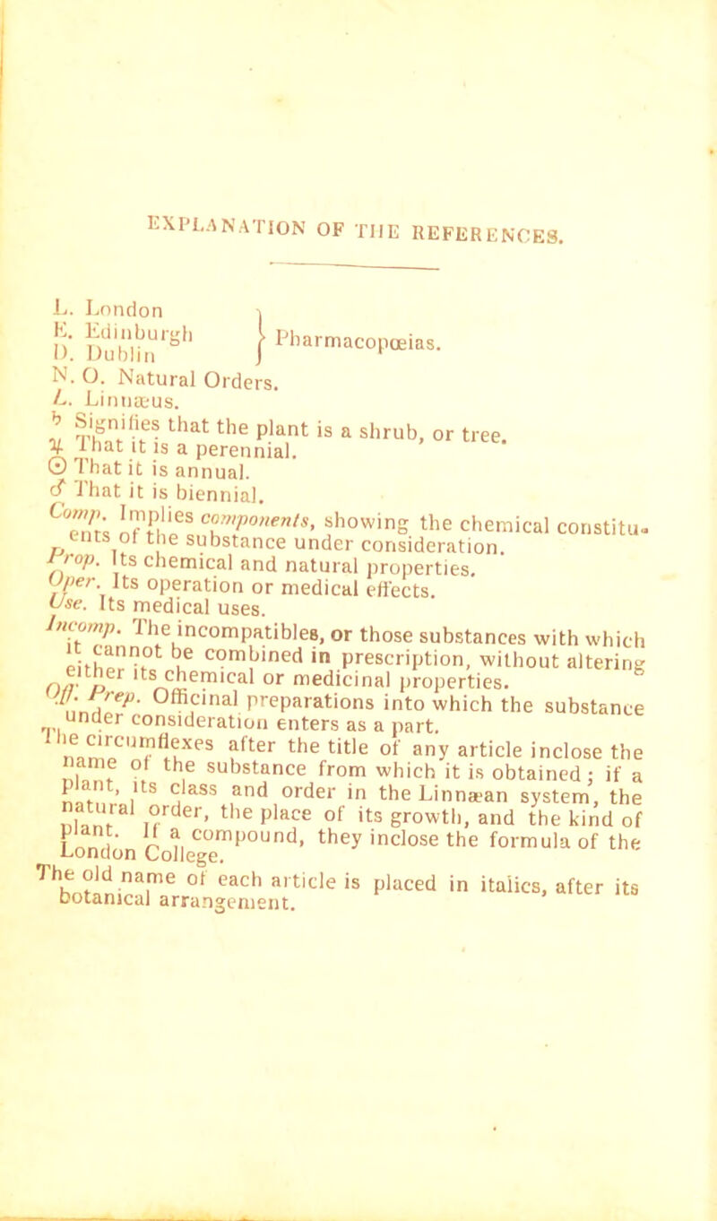 explanation of the references. Pharmacopoeias. L. London K. Edinburgh i). Dublin N.O. Natural Orders. L. Lintiseus. pities that the plant is a shrub, or tree. V That it is a perennial. © That it is annual. 1 hat it is biennial. C°enr'i nTliT c°mPonenls’ showing the chemical constitu. cnts of the substance under consideration. , 0V' its chemical and natural properties. ir'er‘, “s °I)erat'°n or medical effects. Use. Its medical uses. hwomp. The ^compatibles, or those substances with which 1 a* u com!J,ned in prescription, without altering na-p ts„Cierrilca or medicinal properties. Omcinal preparations into which the substance under consideration enters as a part. dexes after the title of any article inclose the ”,a“f °,f th,e substance from which it is obtained: if a J? .. ’ i*tS 9 ass and order in the Linnaean system, the l'.ral °rder' the Place of its growth, and the kind of Lond'n cf0ti™mhound- the? inclose the formula of the Tt2,caUrrans\amen;.tiCleiS PlaCed italics> after ^