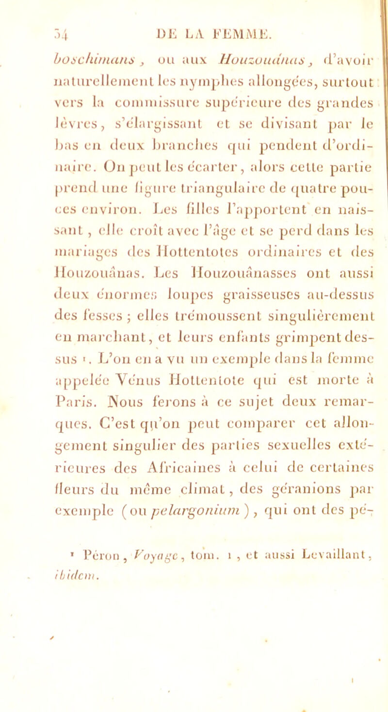 boschimans, ou aux Houzoudnas, d’avoir naturellement les nymphes allongées, surtout vers la commissure supérieure des grandes lèvres, s’élargissant et se divisant par le bas en deux branches qui pendent d’ordi- naire. On peut les écarter, alors celte partie prend une figure triangulaire de quatre pou- ces environ. Les filles l’apportent en nais- sant , elle croît avec l’âge et se perd dans les mariages tics Hottentotes ordinaires et des iïouzouânas. Les Houzouânasses ont aussi deux énormes loupes graisseuses au-dessus des fesses ; elles trémoussent singulièrement eu marchant, et leurs enfants grimpent des- sus ■ . L’on en a vu un exemple dans la femme appelée Vénus Hottenlote qui est morte à Paris. Nous ferons à ce sujet deux remar- ques. C’est qu’on peut comparer cet allon- gement singulier des parties sexuelles exté- rieures des Africaines à celui de certaines lleurs du même climat, des géranions par exemple (ou pélargonium ), qui ont des pé- ' Pérou, Voyage, tom. 1 , et aussi Lcvaillant, ibidem.