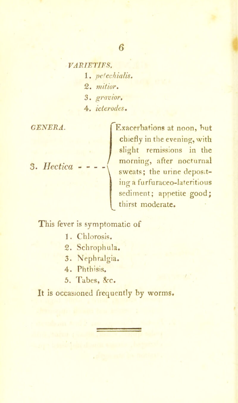 VARIETIES, 1. pefechialis. 2. mitior. 3. gravior, 4. icterodes. GENERA. 3. Hectica Exacerbations at noon, but chiefly in the evening, with slight remissions in the / morning, after nocturnal \ sweats; the urine deposit- ing a furfuraceo-lateritious sediment; appetite good; thirst moderate. V_ This fever is symptomatic of 1. Chlorosis. 2. Schrophula. 3. Nephralgia. 4. Phthisis, 5. Tabes, &r. It is occasioned frequently by worms.