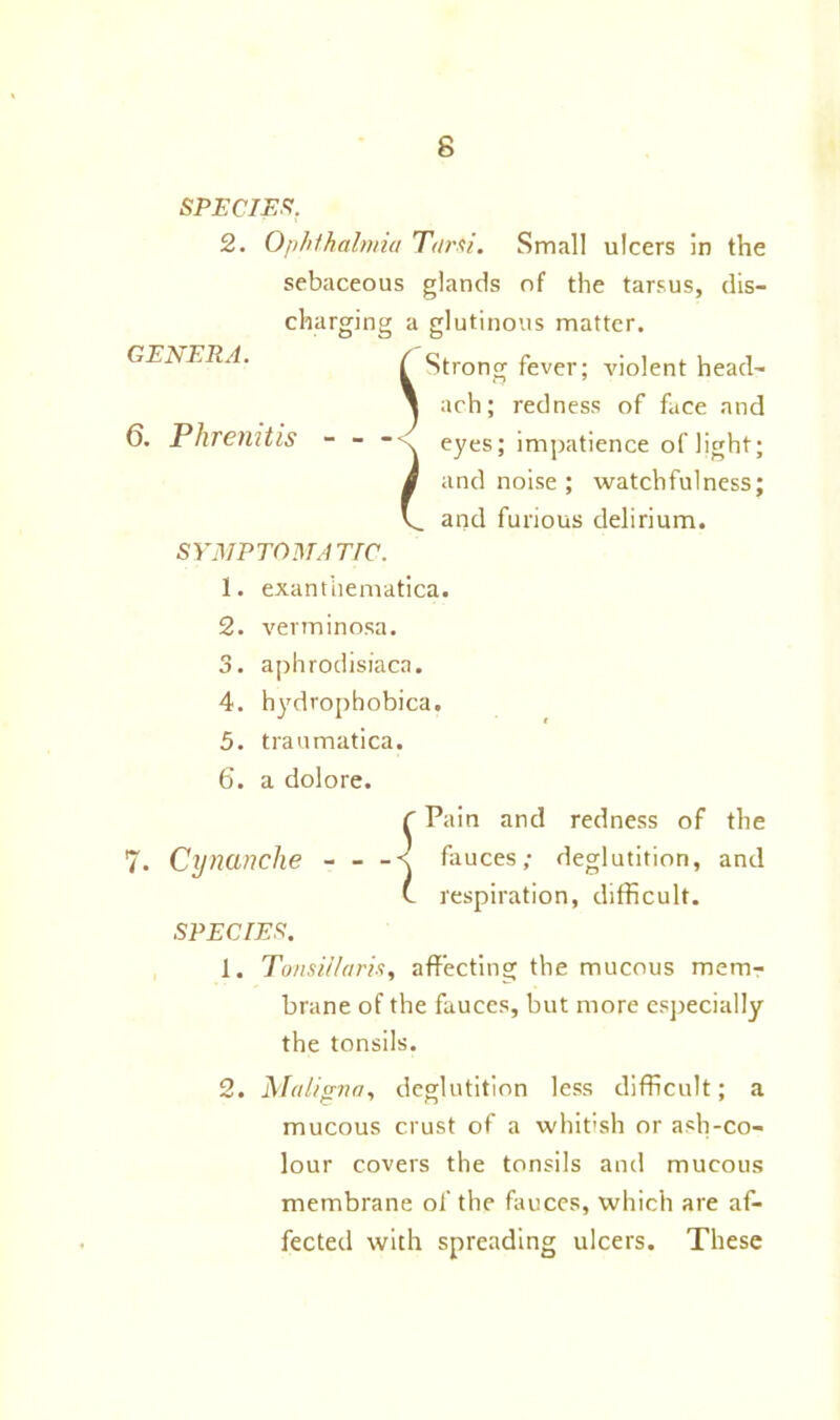 SPECIE*. 2. Ophthalmia Tarsi. Small ulcers in the sebaceous glands of the tarsus, dis- charging a glutinous matter. GEE ERA. ( Strong^ fever; violent head- ach; redness of face and eyes; impatience oflight; and noise ; watchfulness; and furious delirium. SYMPTOMATIC. 6. Phrenitis - - -< X 1. exanthematica. 2. verminosa. 3. aphrodisiaca. 4. hydrophobica. 5. traumatica. 6. a dolore. C Pain and redness of the 7. Cynanche - S fauces; deglutition, and (. respiration, difficult. SPECIES. 1. Tonsillaris, affecting the mucous memr brane of the fauces, but more especially the tonsils. 2. Maligna, deglutition less difficult; a mucous crust of a whitish or ash-co- lour covers the tonsils and mucous membrane of the fauces, which are af- fected with spreading ulcers. These