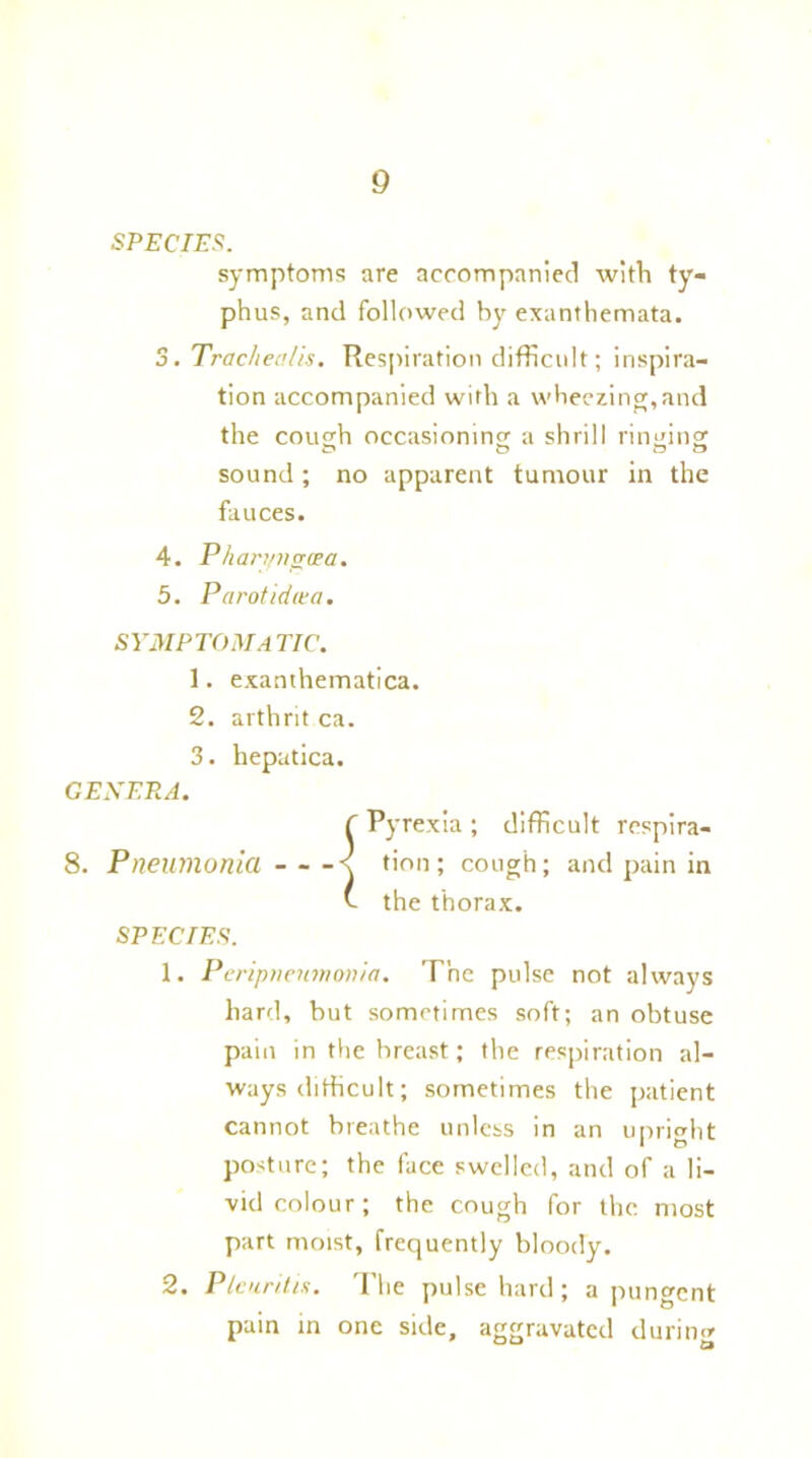 SPECIES. symptoms are accompanied with ty- phus, and followed by exanthemata. 3. Trachea Its. Respiration difficult; inspira- tion accompanied with a wheezing, and the cough occasioning a shrill ringing sound; no apparent tumour in the fauces. 4. Pha/y/ngcea. 5. Parotidiea. SYMPTOMATIC. 1. exanthematica. 2. arthrit ca. 3. hepatica. GENERA. C Pyrexia ; difficult rcspira- 8. Pneumonia \ tion; cough; and pain in v- the thorax. SPECIES. 1. Peripneumonia. The pulse not always hard, but sometimes soft; an obtuse pain in the breast; the respiration al- ways difficult; sometimes the patient cannot breathe unless in an upright posture; the face swelled, and of a li- vid colour; the cough for the most part moist, frequently bloody. 2. Pi cur it is. The pulse hard; a pungent pain in one side, aggravated during