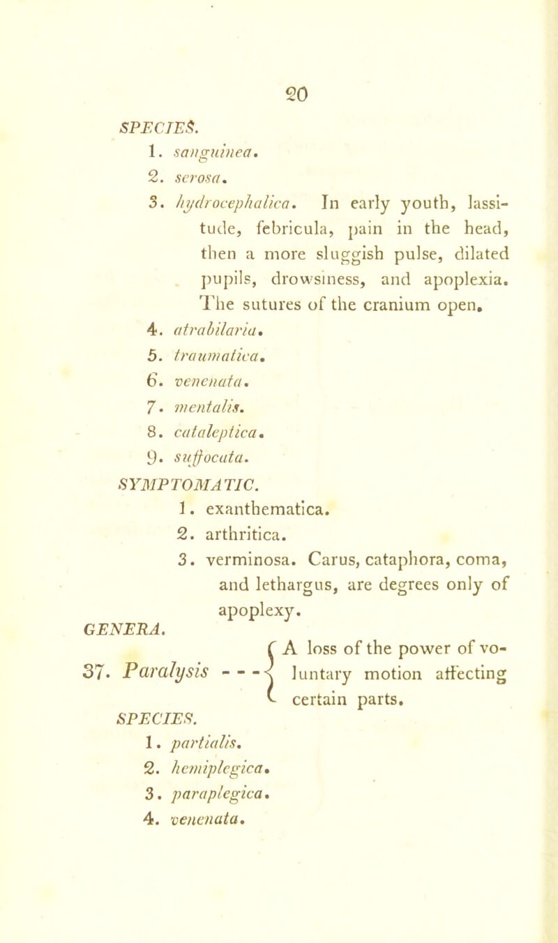 SPECIES. 1. sanguined. 2. serosa. 3. hydrocephalica. In early youth, lassi- tude, febricula, pain in the head, then a more sluggish pulse, dilated pupils, drowsiness, and apoplexia. The sutures of the cranium open, 4. atrabilaria. 5. traumatica. 6. venenata. 7• m cntal/s. 8. cataleptica. 9* sujfocuta. SYMPTOMATIC. 1. exanthematica. 2. arthritica. 3. verminosa. Carus, cataphora, coma, and lethargus, are degrees only of apoplexy. GENERA. f A loss of the power of vo- 37- Paralysis luntary motion affecting certain parts. SPECIES. 1. partialis. 2. hetniplegica. 3. paraplegica. 4. venenata.