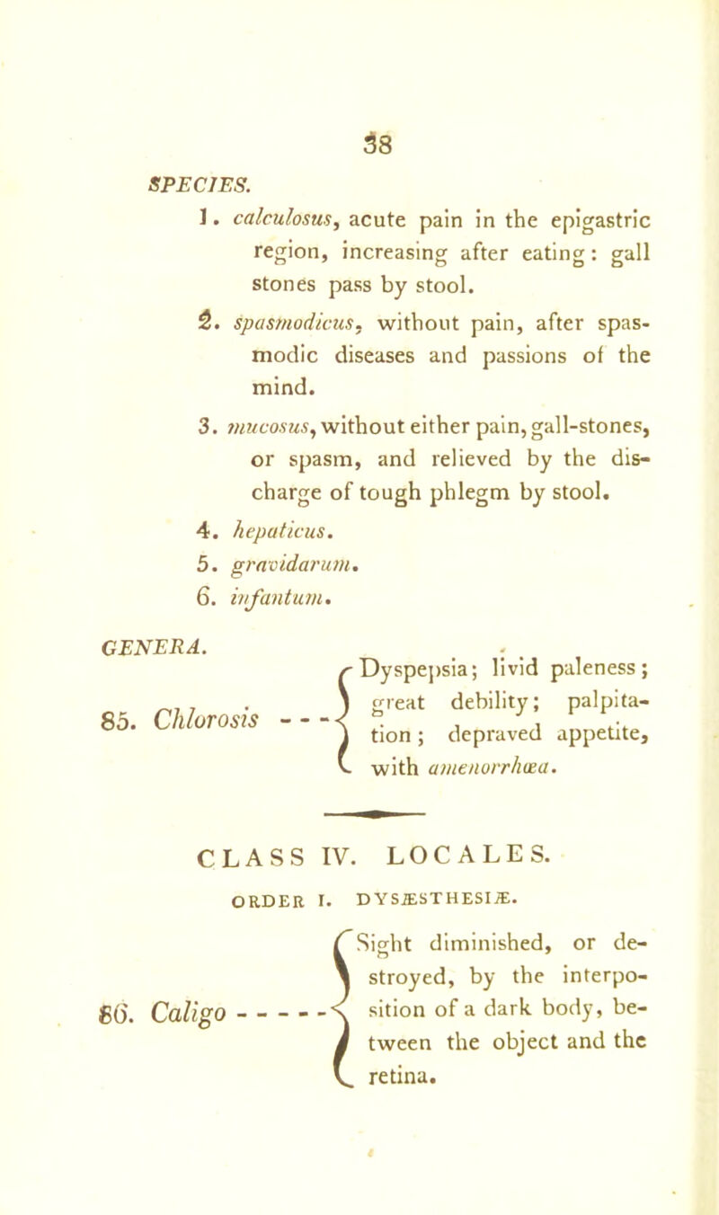 SPECIES. 1. calculosus, acute pain in the epigastric region, increasing after eating: gall stones pass by stool. 2. spasmodicus, without pain, after spas- modic diseases and passions of the mind. 3. mucosus, without either pain, gall-stones, or spasm, and relieved by the dis- charge of tough phlegm by stool. 4. hepaticus. 5. gravidarum. 6. infantum. GENERA. 85. Chlorosis r Dyspepsia; livid paleness; j great debility; palpita- \ tion; depraved appetite, v with amenorrhma. CLASS IV. LOCALES. ORDER I. DYSESTHESIA. CSieht diminished, or de- ft o 1 stroyed, by the interpo- 86'. Caligo \ sition of a dark body, be- i tween the object and the V. retina.
