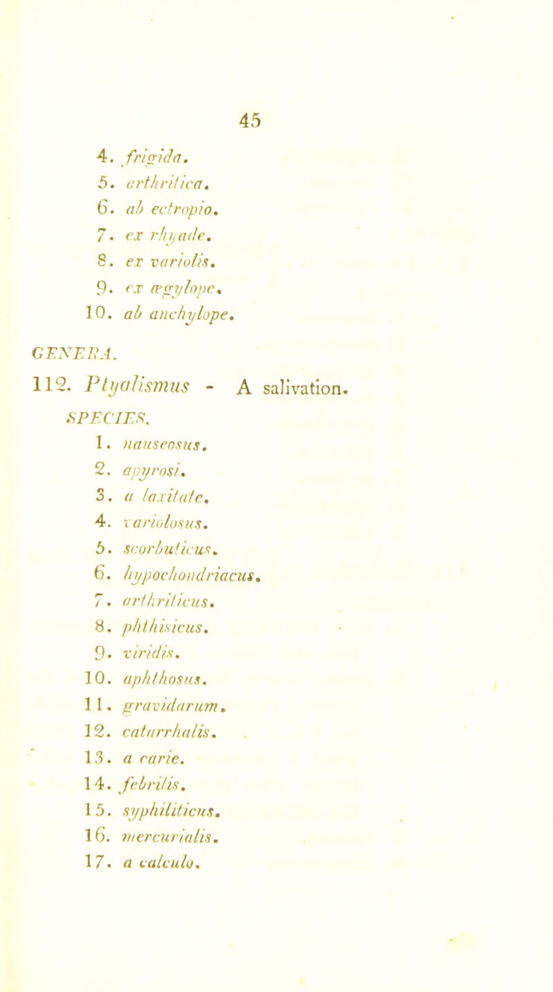 4. frigid a. 5. arthri/ica. 6. ah ectropio. 7. ex rhyade. 8. ex variolis. 9. ex tegylope. 10. ah a achy lope. GENERA. 112. Ptijalismas - A .SPECIES. 1. nauseosus. 2. apyrosi. 3. a laxitate. 4. variolosus. 5. scorhuticus. 6. hypochondriacus, 7. arthriticus. 8. phthisicus. 9. viridis. 10. aphthosus. 11. gravidarum. 12. catarrhalis. 13. a earie. 14. febrilis. 1 5. syphiliticus. 16. mercurialis. 17. a calculo. salivation.
