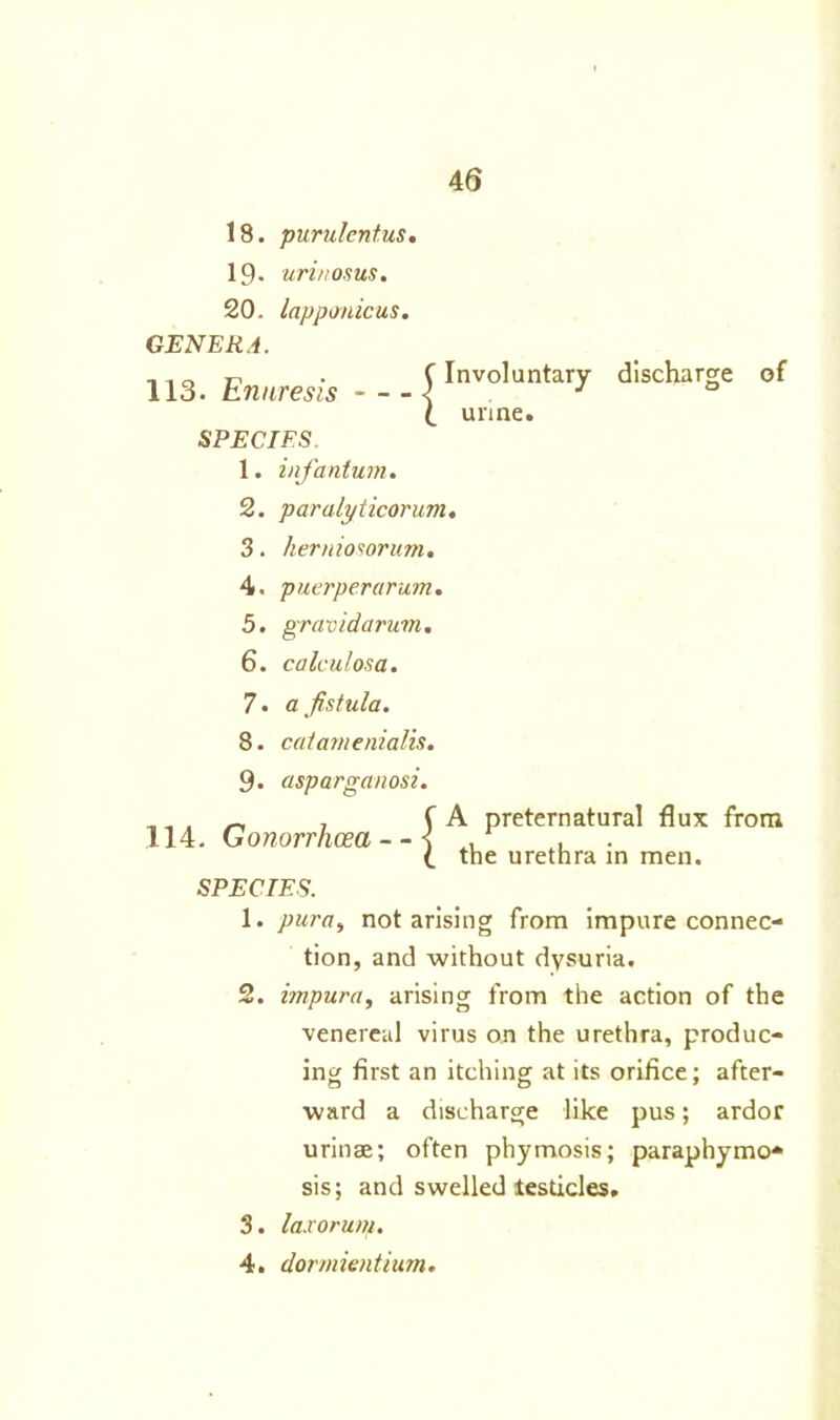 18. purulentus. 19- uri/tosus. 20. lapponicus. GENERA. no r ■ f Involuntary 113. tnnresis < y unne. SPECIES. 1. infantum. 2. paralyticorum. 3. herniosorum. 4. puerperarum. 5. gravidarum. 6. calculosa. discharge of 7 • a fistula. 8. catamenialis. 9. asparganosi. , „ . , C A preternatural flux from 114. Gonorrhoea< . , . (. the urethra in men. SPECIES. 1. jOMivr, notarising from impure connec- tion, and without dysuria. 2. impura, arising from the action of the venereal virus on the urethra, produc- ing first an itching at its orifice; after- ward a discharge like pus; ardor urinse; often phymosis; paraphymo- sis; and swelled testicles. 3. la.rorum. 4. dormientium.