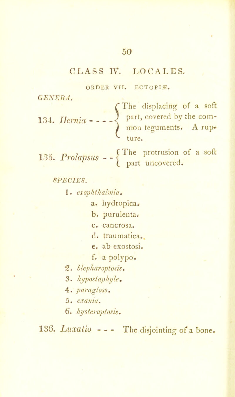CLASS IV. LOCALES. ORDER VII. ECTOPia:. GENERA. C The displacing of a soft 134. Hernia \ Part’ covered by the com' i moti teguments. A rup- ture. „ 7 f The protrusion of a soft 13a. Prolapsus - - < 1 . (. part uncovered. SPECIES. 1. ex ophthalmia. a. hydropica. b. purulenta. c. cancrosa. d. traumatica.. e. ab exostosi. f. a polypo. 2. blepharoptosis. 3. hypostaphyle. 4. par a gloss. 5. exa uia. 6. hysteraptosis. 136. Luxatio The disjointing of a bone.