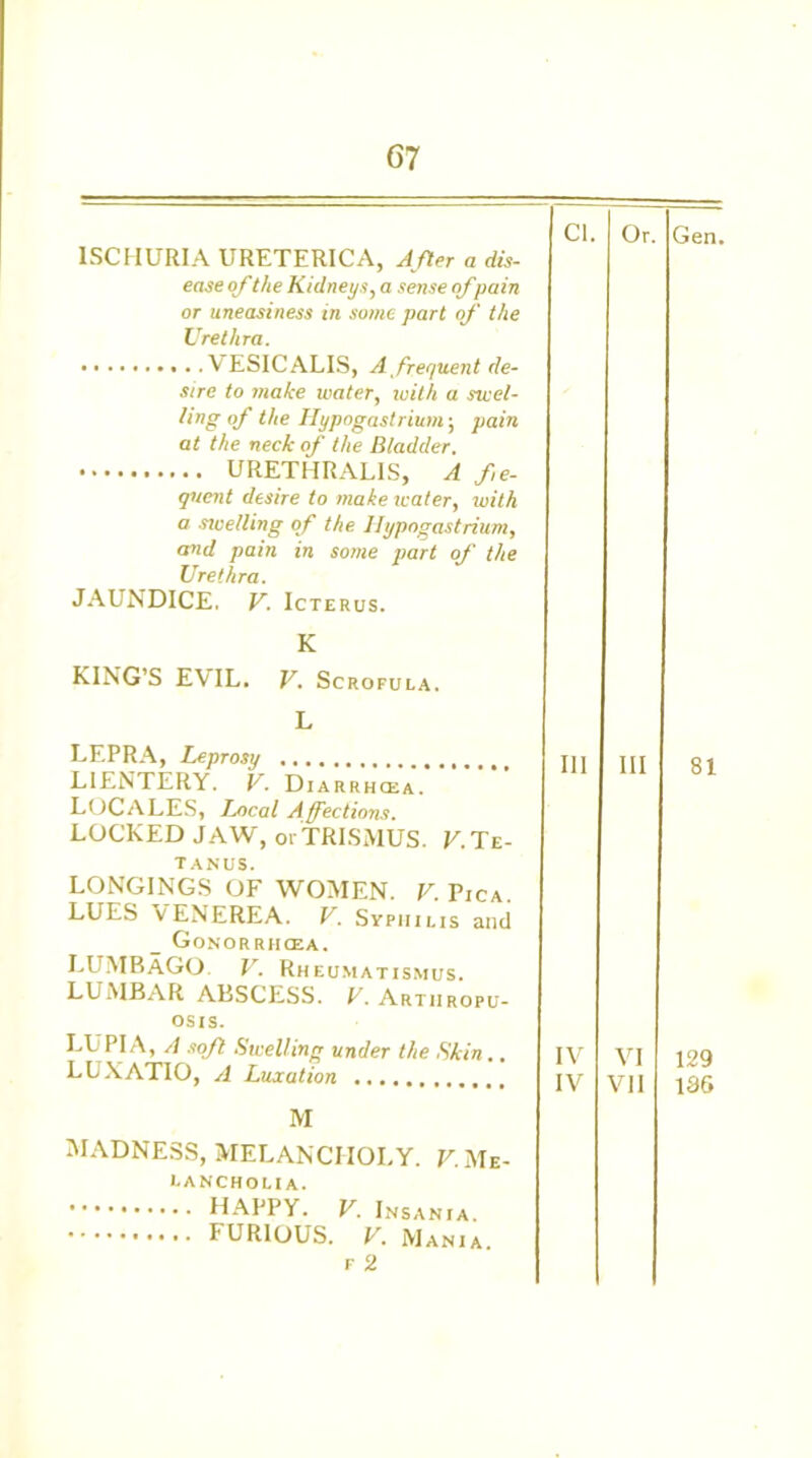 ISCHURIA URETERICA, After a dis- ease of the Kidneys, a sense of pain or uneasiness in some part of the Urethra. . . V ESICALIS, A frequent de- sire to make water, with a swel- ling of the Hypogastrium-, pain at the neck of the Bladder. Cl. Or. Gen. URETHRALIS, A fe- quent desire to make water, with a sivelling of the llypogastrium, and pain in some part of the Urethra. JAUNDICE. V. Icterus. K KING’S EVIL. V. Scrofula. L LEPRA, Leprosy LIENTERY. V. Diarrhcea. LOCALES, Local Affections. LOCKED JAW, or TRISMUS. V. Te- tanus. LONGINGS OF WOMEN. V. Pica. LUES “VENEREA. V. Syphilis and Gonorriicea. LUMBAGO. V. Rheumatismus. LUMBAR ABSCESS. V. Artiiropu- OSIS. LUPIA, // soft Swelling under the Skin.. LUXATIO, A Luxation M MADNESS, MELANCHOLY. V. Me- lancholia. HAPPY. V. Insania. FURIOUS. V. Mania. f 2 III III 81 IV VI IV VII 129 136
