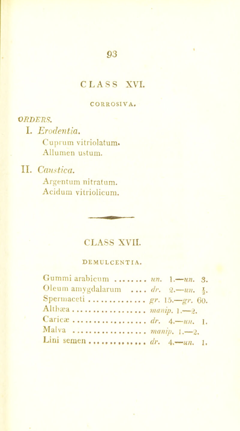 CLASS XVI. CORROSIVA. ORDERS. I. Erodentia. Cuprum vitriolatum. Allumen ustum. II. Caustica. Argentum nitratum. Acidum vitriolicum. CLASS XVII. DEMULCENTIA. Gummi arabicum un. 1.—tin. 3. Oleum amygdalarum .... dr. 2.—un. \. Spermaceti gr. 15.—gr. Go. Althaea rnanip. ].—j. Caricae dr. 4.—un. 1. Malva manip. i.—2. Lini semen .....dr. 4.—un. 1.