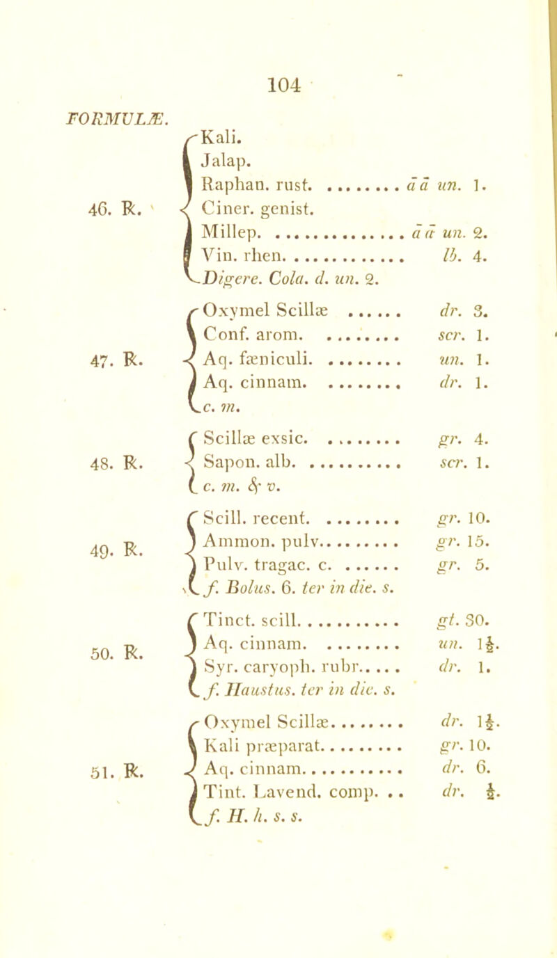 FORMULAE. 46. R. 47- R- 48. R. 49- R- 50. R. 51. R. ! i I .1 I Kali. Jalap. Raphan. rust a a un. 1. Ciner. genist. Millep a rt un. 2. Vin. rhen lb. 4. .D/gere. Cola. d. un. 2. Oxymel Scillre dr. 3. Conf. arom scr. 1. Aq. faeniculi un. I. Aq. cinnam dr. 1. ,c. in. Scillas exsic gr. 4. Sapon. alb scr. 1. c. m. A v. Scill. recent gr. 10. Ammon, pulv gr. 15. Pulv. tragac. c gr. 5. . f. Bolus. 6. ter in die. s. Tinct. scill gt. SO. Aq. cinnam un. l§. Syr. caryopli. rubr dr. 1. ,f. Ilaustus. ter in die. s. Oxymel Scillae dr. l£. Kali praeparat gr. 10. Aq. cinnam dr. 6. Tint. Lavend. comp. .. dr. §. ,f. H. h. s. s.
