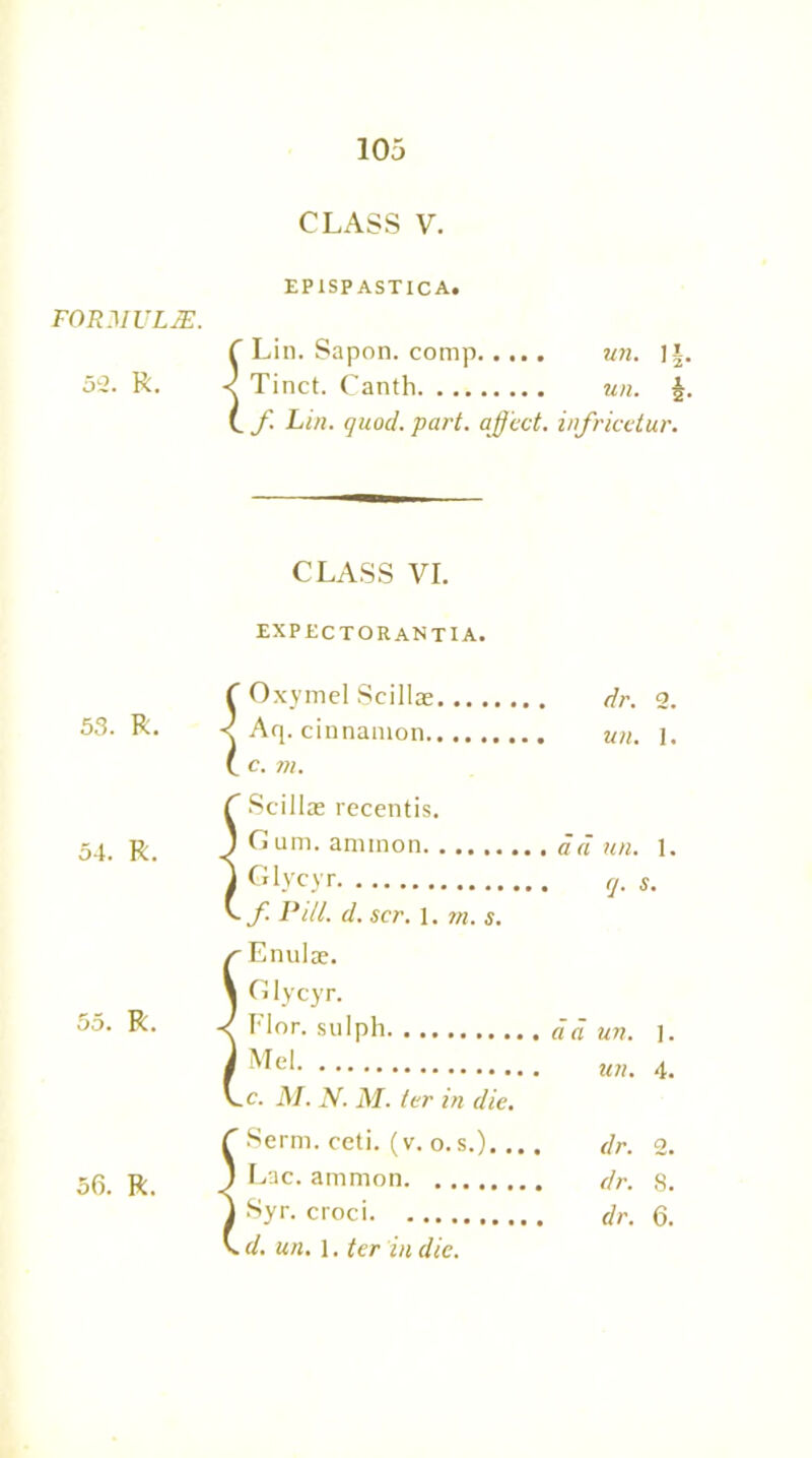 CLASS V. EP1SPASTICA. FORMULAE. C Lin. Sapon. comp un. I 52. R. < Tinct. Canth un. (. f Lin. quod. part, affect, infricctur. CLASS VI. EXPECTORANTIA. Oxymel Scillae dr. 2. Aq. cinnamon un. 1. Scillae recentis. Gum. aminon dd un. 1. Glycyr Cj. s. ■ f Pill. d. scr. l. 7/i. s. Enulae. G lycyr. I'lor. sulph dd un. 1. un. 4. .c. M. N. M. ter in die. 1 Lac. ammon ) Syr. croci v. d. un. 1. ter in die. dr. 6. tO|i— NM
