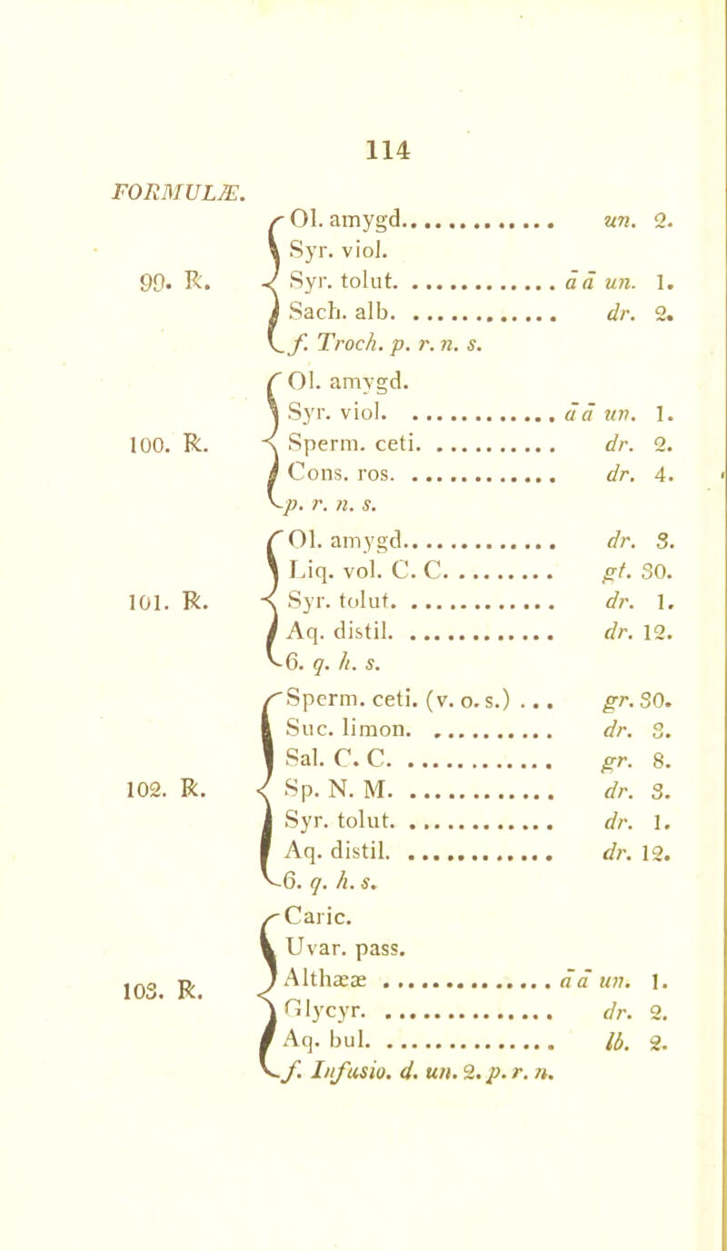 FORMULAE. 90. R. loo. R. 101. R. 102. R. 103. R. 01. amygd Syr. viol. Syr. tolut Sach. alb _f. Troch. p. r. n. s. 01. amygd. Syr. viol Sperm, ceti Cons, ros ^p. r. n. s. ’ 01. amygd Liq. vol. C. C Syr. tolut [ Aq. distil -6. q. h. s. Sperm, ceti. (v. o. s.) ., Sue. limon d-,1 c c ' • V. • • ••••« »••••« ?p. N. M Syr. tolut Aq. distil -6. q. h. s. Caric. Uvar. pass. LAlthasae ! G lycyr Aq. bul ~f. Infusio. d. un. 2. p. r. n. un. 2. a d un. 1. dr. 2. a a un. 1. dr. 2. dr. 4. dr. 3. gt- 30. dr. 1. dr. 12. gr- 30. dr. o gr- 8. dr. 3. dr. 1. dr. 12. a a un. 1. dr. 2. 16. 2.
