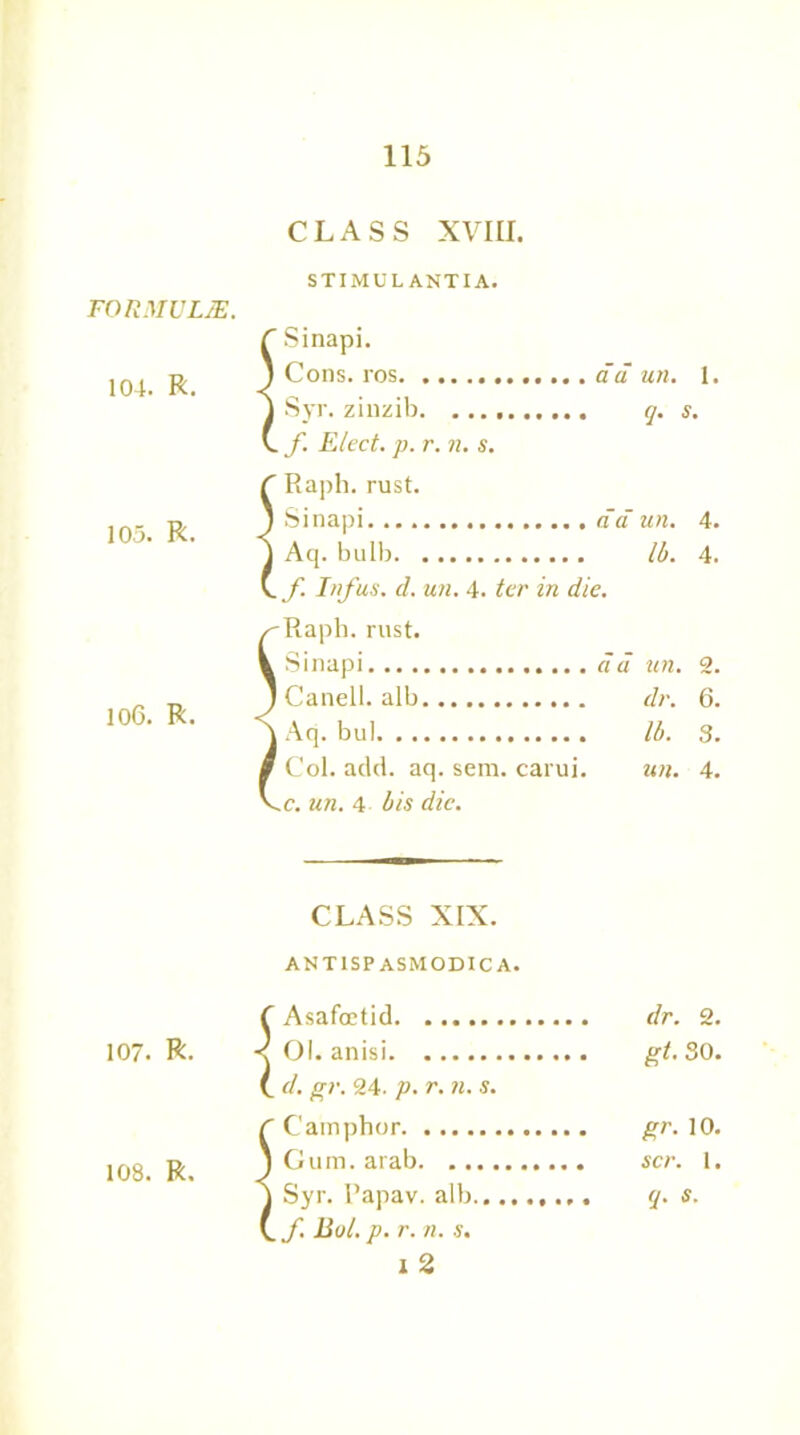 CLASS XVIII. FORMULAE. 104. R. 105. R. STIMUL ANTIA. f Sinapi. ) Cons, ros da J Syr. zinzib V. f. Elect, p. r. n. s. F Raph. rust. ) Sinapi da 1 Aq. bulb V. f. Inf us. d. un. 4. ter in die. 106. R. I Rapb. rust. Sinapi Canell. alb Aq. bul Col. add. aq. sem. carui. c. un. 4 his die. a a 107. R. 108. R. CLASS XIX. ANT1SP ASMODICA. f Asafcetid < 01. anisi (. d. gr. 24. p. r. n. s. C Camphor j Gum. arab 4 Syr. Papav. alb (. f. Bol. p. r. n. s. i 2 un. 1. q. s. un. 4. lb. 4. un. 2. dr. 6. lb. 3. un. 4. dr. 2. gt. 30. gr. 10. scr. 1. q. S.