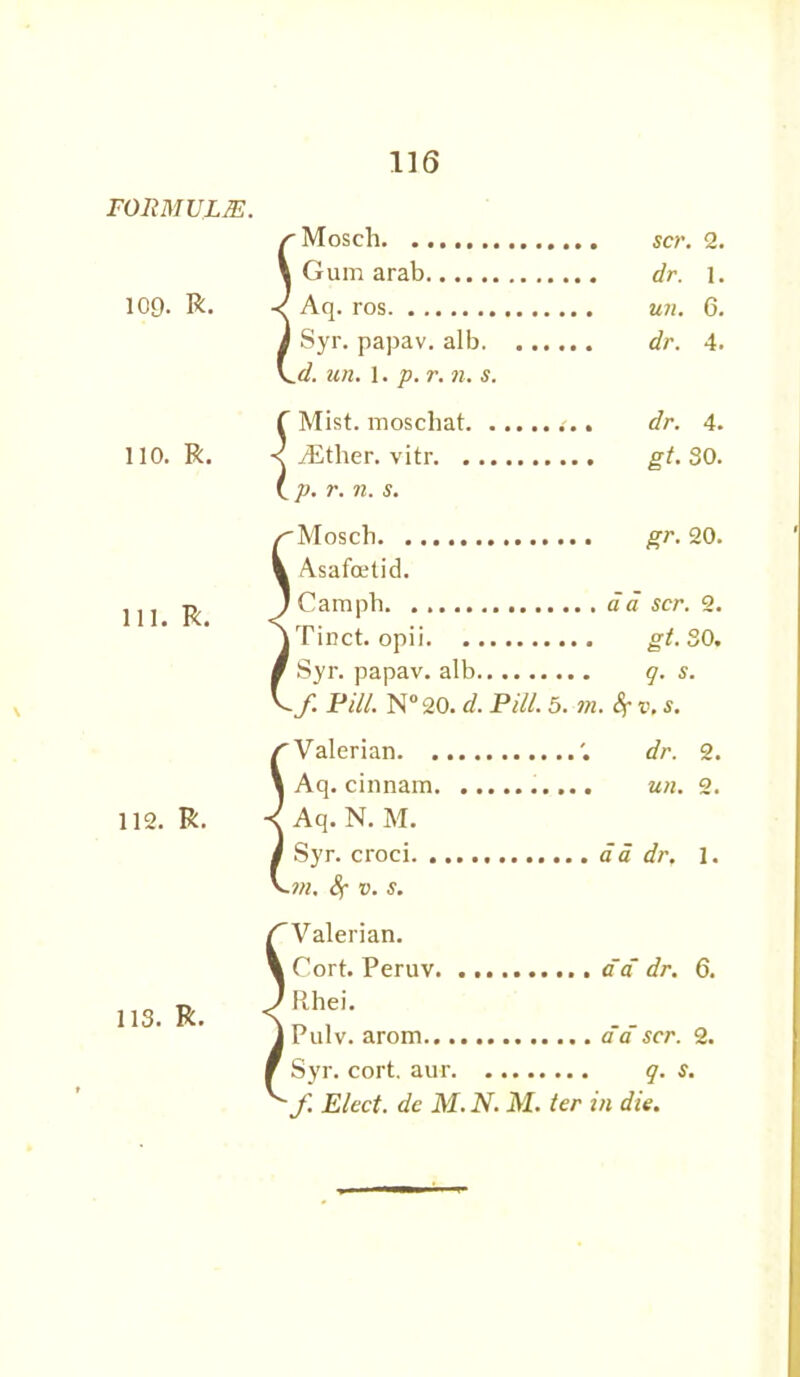 \ FORMULAE. r Mosch scr. 2. \ Gum arab dr. l. 109. R. < Aq. ros un. 6. I Syr. papav. alb dr. 4. K.d. un. 1. p.r. n. s. 110. R. 111. R. 112. R. f Mist, moscliat ... dr. 4. < ^Ether. vitr gt. SO. t p. r. n. s. Mosch gr. 20. Asafcetid. Campb. ad scr. 2. Tinct. opii gt. SO. Syr. papav. alb q. s. f. Pill. N° 20. d. Pill. 5. m. 4- v. s. /'Valerian. ., \ Aq. cinnam. < Aq. N. M. j Syr. croci. .. v.»i, v. s. dr. 2. un. 2. a a dr. 1. Valerian. Cort. Peruv aa dr. 6. Rhei. Pulv. arom ad scr. 2. 113. R.