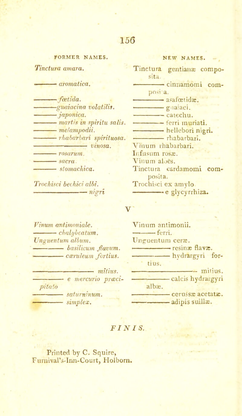 FORMER NAMES. Tinctura amara. • aromatica. — fcetida. —guaiacina volatilis. japonica. martis in spiritu salts. melampodii. rhabarbari spirituosa. vinosa. rosarum. sacra stomachica. Trochisci bechici albi. nigri Vivum antimaniale. chalybeatum. Unguentum album. basilicum Jlavum. ccEiideum fortius. milius. e mercurio proeci- pitaio saturninum. —— simplex. NEW NAMES. Tinctura gentian® compo- sita. cinnamomi com- pose a. • asafostid®. • gnaiaci. catechu. ferri muriati. hellebori nigri. rhabarbari. Vinum rhabarbari. Infusum ros®. Vinum alofis. Tinctura eardamomi com- posita. Trochisci ex amylo e glycyrrhiza. Vinum antimonii. — ferri. Unguentum cer®. resin® flav®. ■ hvdrargvri for- tius. • mitius. calcis liydrargyri alb®. • ceruss® acetatse. adipis suill®. FINIS. Printed by C. Squire, Fumival’s-Inn-Court, Holborn.