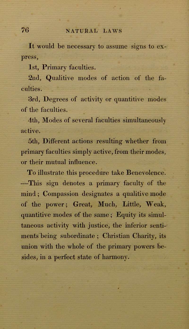 It would be necessary to assume signs to ex- press, 1st, Primary faculties. 2nd, Qualitive modes of action of the fa- culties. 3rd, Degrees of activity or quantitive modes of the faculties. 4th, Modes of several faculties simultaneously active. 5th, Different actions resulting whether from primary faculties simply active, from their modes, or their mutual influence. To illustrate this procedure take Benevolence. •—This sign denotes a primary faculty of the mind; Compassion designates a qualitive mode of the power; Great, Much, Little, Weak, quantitive modes of the same; Equity its simul- taneous activity with justice, the inferior senti- ments keing subordinate ; Christian Charity, its union with the whole of the primary powers be- sides, in a perfect state of harmony.