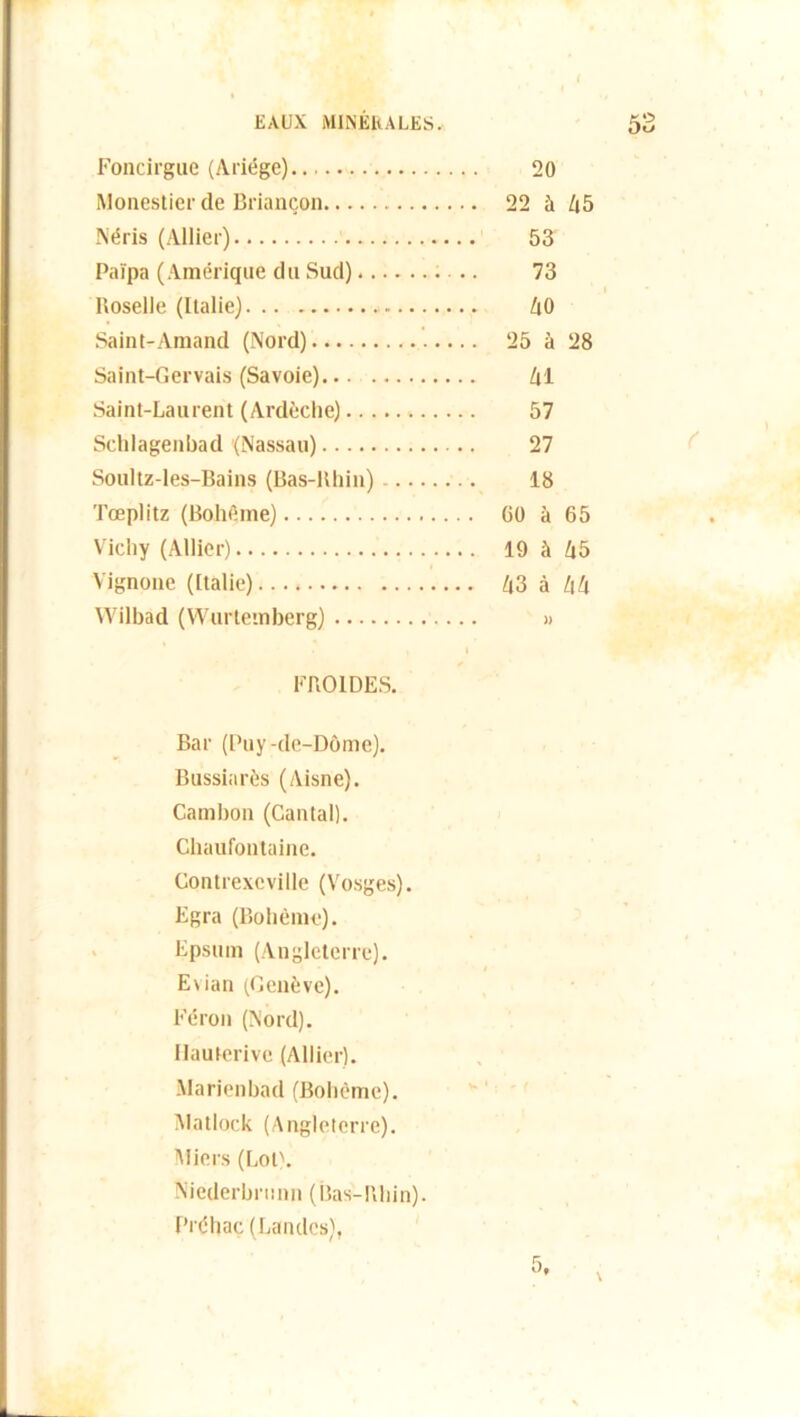 Foncirgue (Ariége) 20 Monestier de Briançon 22 à 45 Néris (Allier) 53 Paîpa (Amérique du Sud) 73 Roselle (Italie) 40 Saint-Amand (Nord) 25 à 28 Saint-Gervais (Savoie) » 41 Saint-Laurent (Ardèche) 57 Schlagenbad (Nassau) 27 Soultz-les-Bains (Bas-Bhin) 18 Tœplitz (Bohême) GO à 65 Vichy (Allier) 19 à 45 Vignone (Italie) 43 à 44 Wilbad (Wurtemberg) » 1 I FROIDES. Bar (Puy-de-Dôme). Bussinrès (Aisne). Cambon (Cantal). Chaufontaine. Contrexcvillc (Vosges). Egra (Bohème). Epsum (Angleterre). Evian (Genève). Féron (Nord). Ilauterive (Allier). Marienbad (Bohème). Matlock (Angleterre). Miers (Lot). Niederbrnnn (Bas-Rhin). Préhac (Landes),