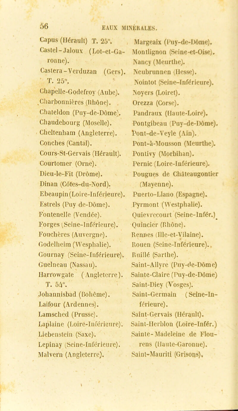 Capus (Hérault) T. 25. Castel-Jaloux (Lot-et-Ga- ronne). Castera-Verduzan (Gers). T. 25°. Chapelle-Godefroy (Aube). .Charbonnières (lihône). . Cbateldon (Puy-de-Dôme). Cbaudebourg (Moselle). Cheltenbam (Angleterre). Conches (Cantal). Cours-St-Gervais (Hérault). Courtomer (Orne). Dieu-le-Fit (Drôme). Dinan (Côtes-du-Nord). Ebeaupin (Loire-Inférieure). Eslrels (Puy de-Dôme). Fontenelle (Vendée). Forges (Seine-Inférieure). Fouchères (Auvergne). Godelheim (VVespbalie). Gournay (Seine-Inférieure). Guelneau (Nassau). Ilarrowgate ( Angleterre ). T. 5/i“. Jobannisbad (Bohême). Laifour (Ardennes). Lamsclied (Prusse). Laplainc (Loire-Inférieure). Liebenstein (Saxe). Lepinay (Seine-Inférieure).’ Malvern (Angleterre). Margeaix (Puy-de-Dôme). Montlignon (Seine-et-Oisej. Nancy (Meurthe). Neubrunnen (Hesse). Nointot (Seine-Inférieure). Noyers (Loiret). Orezza (Corse). Pandraux (Haute-Loire). Pontgibeau (Puy-de-Dôme). Pont-de-Veyle (Ain). Pont-5-Mousson (Meurthe). Pontivy (Morbihan). Pernic (Loire-Inférieure). Pougues de Châteaugontier (Mayenne). Puerto-Llano (Espagne). Pyrmont (Westphalie). Quievrecourt (Seine-Infér.) Quincier (rdiône). Rennes (Ille-et-Vilaine). Rouen (Seine-Inférieure). Ruillé (Sartlie). Saint-Allyre (Puy-de-Dôme) Sainte-Claire (Puy-de-Dôme) Saint-Diey (Yosges). Saint-Germain (Seine-In- férieure) . Saint-Gervais (Hérault). Saint-Herblon (Loire-Infér.) Sainte-Madeleine de Flou- rens (Haute-Garonne). Saint-Mauriti (Grisons),