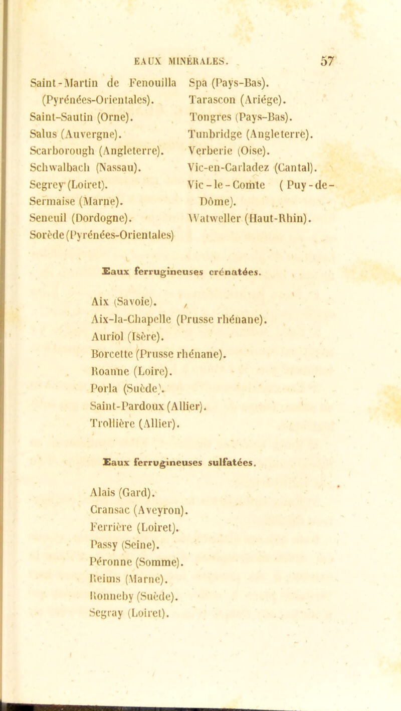 Saint-Martin de Fenouilla (Pyrénées-Orientales). Saint-Sautin (Orne). Salus (Auvergne). Scarborough (Angleterre). Schwalbacli (Nassau). Segrey (Loiret). Sermaise (Marne). Seneuil (Dordogne). Sorède (Pyrénées-Orientales) Spa (Pays-Bas). Tarascon (Ariége). Ton grès (Pays-Bas). Tunbridge (Angleterre). Verberie (Oise). Vic-en-Carladez (Cantal). Vie-le-Comte (Puy-de Dôme). Watweller (Haut-Rhin). £aux ferrugineuses crénatées. Aix (Savoie). , Aix-la-Chapelle (Prusse rhénane). Auriol (Isère). Borcette (Prusse rhénane). Roanne (Loire). Porla (Suède). Saint-Pardoux (Allier). TroHière (Allier). Eaux ferrugineuses sulfatées. Mais (Gard). Cransac (Aveyron). Ferrière (Loiret). Passy (Seine). Péronne (Somme). Reims (Marne). Ronneby (Suède). Segray (Loiret).