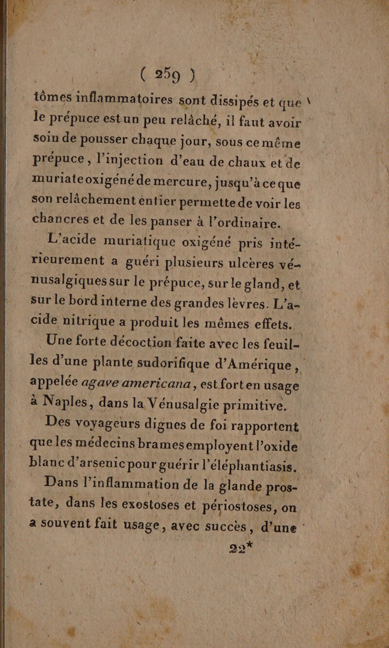 | MES ME tôm es ‘inflammatoires sont dissipés et que soin de pousser chaque ; jour, sous ce même prépuce, li injection d’eau de chaux « et de murlateoxigéné de mercure, jusqu’à ce que son relâchement entier permette de voir les chancres et de les panser à l’ordinaire. rieurement a guéri plusieurs ulcères vé- nusalgiques sur le. prépuce, sur le gland, et sur le bord interne des grandes lèvres. 14e cide nitrique a Ra les mêmes effets. les d’une plante sudorifique d’ Amérique, appelée agave americana, estforten “sage à Naples, dans la Vénusalgie primitive. _ queles médecins brames employent l’oxide blanc d’ arsenic pour guérir l’élé hantiasis. p 6 P tate, dans Îles exostoses et périostoses, on pi |