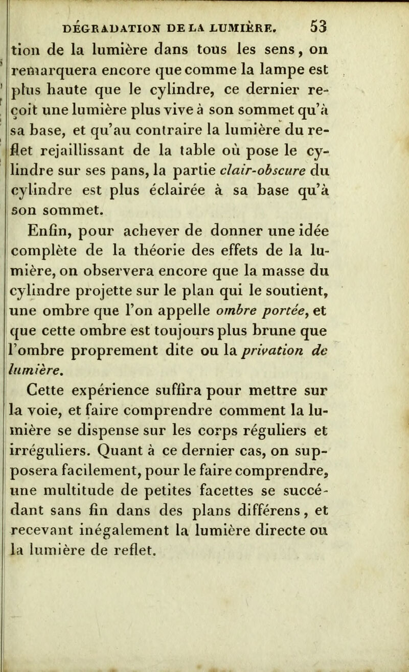 tion de la lumière dans tous les sens, on remarquera encore que comme la lampe est plus haute que le cylindre, ce dernier re- çoit une lumière plus vive à son sommet qu’à sa base, et qu’au contraire la lumière du re- flet rejaillissant de la table où pose le cy- lindre sur ses pans, la partie clair-obscure du cylindre est plus éclairée à sa base qu’à son sommet. Enfin, pour achever de donner une idée complète de la théorie des effets de la lu- mière, on observera encore que la masse du cylindre projette sur le plan qui le soutient, une ombre que l’on appelle ombre portée, et que cette ombre est toujours plus brune que l’ombre proprement dite ou la privation de lumière. Cette expérience suffira pour mettre sur la voie, et faire comprendre comment la lu- mière se dispense sur les corps réguliers et irréguliers. Quant à ce dernier cas, on sup- posera facilement, pour le faire comprendre, une multitude de petites facettes se succé- dant sans fin dans des plans différens, et recevant inégalement la lumière directe ou la lumière de reflet.