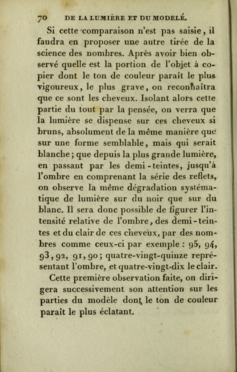 Si cette comparaison n’est pas saisie, il faudra en proposer une autre tirée de la science des nombres. Après avoir bien ob- servé quelle est la portion de l'objet à co- pier dont le ton de couleur paraît le plu* vigoureux, le plus grave, on reconnaîtra que ce sont les cheveux. Isolant alors cette partie du tout par la pensée, on verra que la lumière se dispense sur ces cheveux si bruns, absolument de la même manière que sur une forme semblable, mais qui serait blanche ; que depuis la plus grande lumière, en passant par les demi-teintes, jusqu’à l’ombre en comprenant la série des reflets, on observe la même dégradation systéma- tique de lumière sur du noir que sur du blanc. Il sera donc possible de figurer l’in- tensité relative de l’ombre, des demi-tein- tes et du clair de ces cheveux, par des nom- bres comme ceux-ci par exemple : g5, g4, 93,92, 91,90; quatre-vingt-quinze repré- sentant l’ombre, et quatre-vingt-dix le clair. Cette première observation faite, on diri- gera successivement son attention sur les parties du modèle don^ le ton de couleur paraît le plus éclatant.