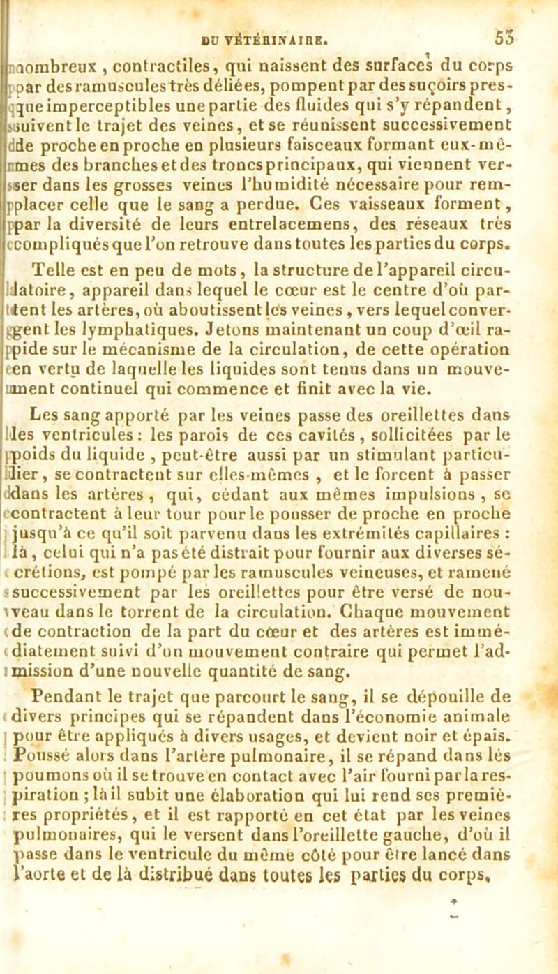 OU VIsTÛBI.\AIRE. 55 naombreux , contractiles, qui naissent des surfaces du corps I par des ramuscules très déliées, pompent par des suçoirs pres- qqueimperceptibles unepartie des fluides qui s’y répandent, .suivent le trajet des veines, et se réunissent successivement dde proche en proche en plusieurs faisceaux formant eux-mê- ranes des branches et des tioncs principaux, qui viennent ver- sser dans les grosses veines l’humidité nécessaire pour rem- pplacer celle que le sang a perdue. Ces vaisseaux forment, ppar la diversité de leurs entrelacemens, des réseaux très ccompliqués que l’on retrouve dans toutes les parties du corps. Telle est en peu de mots, la structure de l’appareil circu- llatoire, appareil dans lequel le cœur est le centre d’où par- tien t les artères, où aboutissent jes veines, vers lequel conver- gent les lymphatiques. Jetons maintenant un coup d’œil ra- ppide sur le mécanisme de la circulation, de cette opération een vertu de laquelle les liquides sont tenus dans un mouve- îonent continuel qui commence et finit avec la vie. Les sang apporté par les veines passe des oreillettes dans les ventricules : les parois de ces cavités , sollicitées par le (.poids du liquide , peut-être aussi par un stimulant particu- ilier, se contractent sur elles mêmes , et le forcent à passer ddans les artères, qui, cédant aux mêmes impulsions, se ccontractent à leur tour pour le pousser de proche en proche jusqu’à ce qu’il soit parvenu dans les extrémités capillaires : 1 là , celui qui n’a pas été distrait pour fournir aux diverses sé- i crétions, est pompé par les ramuscules veineuses, et ramené successivement par les oreillettes pour être versé de nou- veau dans le torrent de la circulation. Chaque mouvement (de contraction de la part du cœur et des artères est imtné- (diatement suivi d’un mouvement contraire qui permet l’ad* i mission d’une nouvelle quantité de sang. Pendant le trajet que parcourt le sang, il se dépouille de (divers principes qui se répandent dans l’économie animale j pour être appliqués à divers usages, et devient noir et épais. Poussé alors dans l’artère pulmonaire, il se répand dans lés ; poumons où il se trouve en contact avec l’air fourni parlares- piration ; làil subit une élaboration qui lui rend scs premiè- res propriétés, et il est rapporté en cet état par les veines pulmonaires, qui le versent dans l’oreillette gauche, d’où il passe dans le ventricule du même côté pour êire lancé dans l’aorte et de là distribué dans toutes les parties du corps.