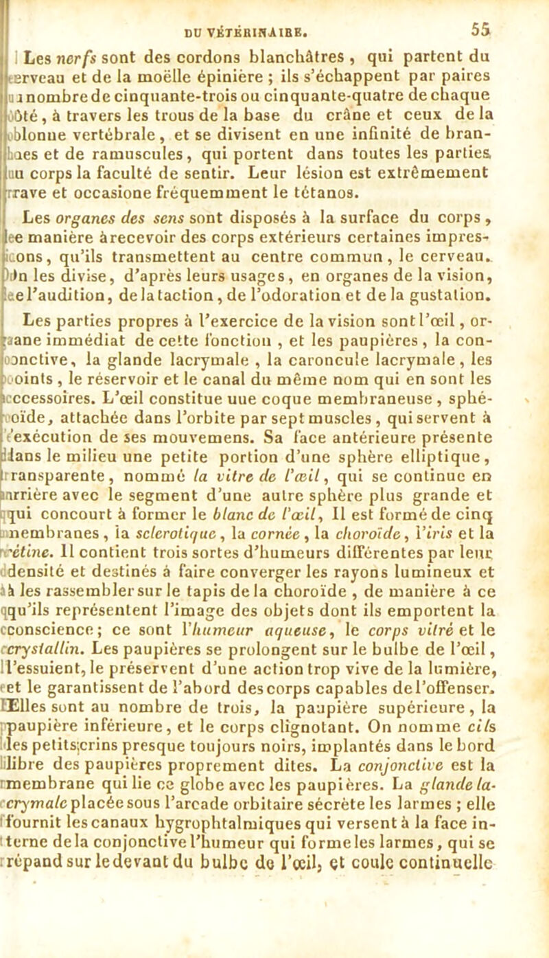 u a nombre de cinquante-trois ou cinquante-quatre de chaque ùûté , à travers les trous de la base du crâne et ceux de la ublonue vertébrale, et se divisent en une infinité de bran- haes et de ramuscules, qui portent dans toutes les parties uu corps la faculté de sentir. Leur lésion est extrêmement rrave et occasione fréquemment le tétanos. Les organes des sens sont disposés à la surface du corps, ee manière àrecevoir des corps extérieurs certaines impres- icons, qu’ils transmettent au centre commun, le cerveau.. )i>n les divise, d’après leurs usages, en organes de la vision, ee l’audition, delà taction, de l’odoration et de la gustation. Les parties propres à l’exercice de la vision sont l’œil, or- gane immédiat de cette l'onction , et les paupières, la con- oonctive, la glande lacrymale , la caroncule lacrymale, les icoints, le réservoir et le canal du même nom qui en sont les eccessoires. L’œil constitue uue coque membraneuse , sphé- oïde, attachée dans l’orbite par sept muscles , qui servent à Vexécution de ses mouvemens. Sa face antérieure présente 1 Hans le milieu une petite portion d’une sphère elliptique, Transparente, nommé la vitre de l’œil, qui se continue en nrrière avec le segment d’une autre sphère plus grande et qqui concourt à former le blanc de l’œil, Il est formé de cinq p nembranes , ia sclérotique, la cornée , la choroïde, l’iris et la rrêtine. 11 contient trois sortes d’humeurs différentes par leur densité et destinés à faire converger les rayons lumineux et .il» les rassembler sur le lapis delà choroïde , de manière à ce qqu’ils représentent l’image des objets dont ils emportent la cconscience; ce sont Y humeur aqueuse, le corps vitré et le ccrystallin. Les paupières se prolongent sur le bulbe de l’œil, ! l’essuient, le préservent d’une action trop vive de la lumière, * et le garantissent de l’abord des corps capables derofifenser. Œlles sont au nombre de trois, la paupière supérieure, la jpaupière inférieure, et le corps clignotant. On nomme cils les petits;crins presque toujours noirs, implantés dans le bord lilibre des paupières proprement dites. La cotijonclive est la rmembrane qui lie ce globe avec les paupières. La glande ta- ■crymalc placée sous l’arcade orbitaire sécrète les larmes ; elle t fournit les canaux hygrophtalmiques qui versent à la face in- i terne delà conjonctive l’humeur qui forme les larmes, qui se répand sur ledevant du bulbe do l’ccilj et coule continuelle