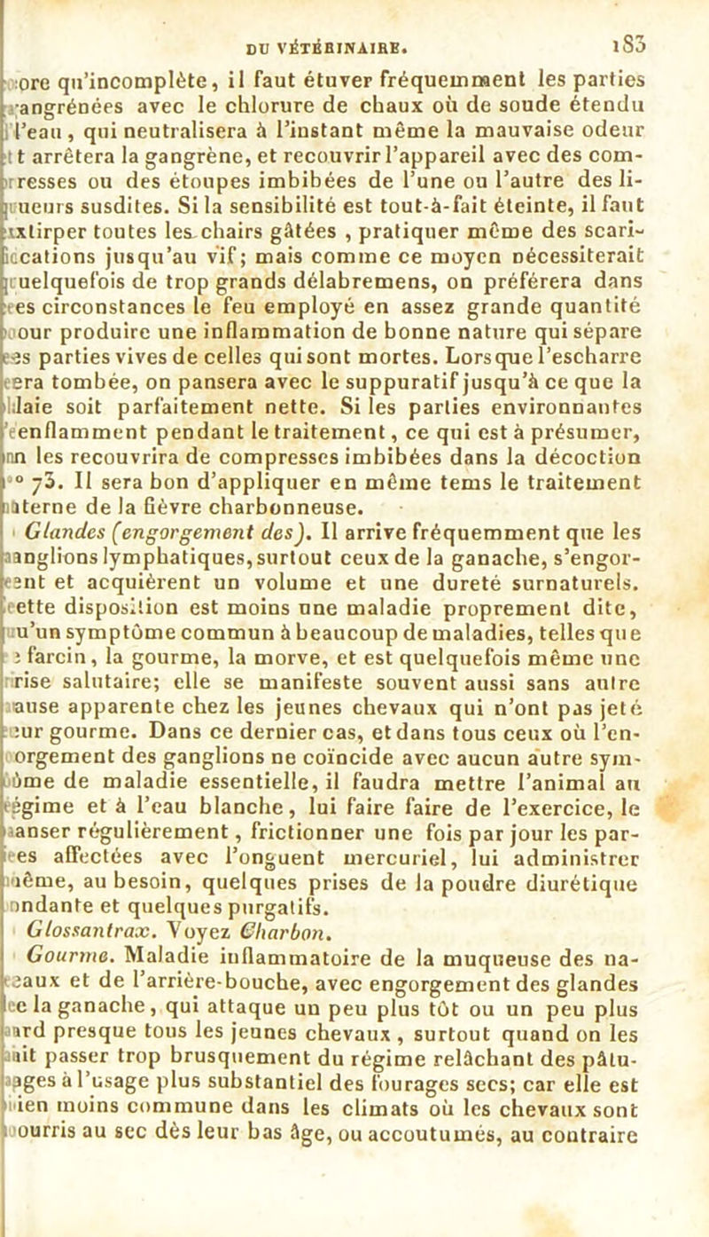 ore qu’incomplète, il faut étuver fréquemment les parties angrénées avec le chlorure de chaux où de soude étendu l’eau, qui neutralisera à l’instant même la mauvaise odeur 11 arrêtera la gangrène, et recouvrir l’appareil avec des com- rresses ou des étoupes imbibées de l’une ou l’autre des li- meurs susdites. Si la sensibilité est tout-à-fait éteinte, il faut txtirper toutes les-chairs gâtées , pratiquer même des scari- iecations jusqu’au vif; mais comme ce moyen nécessiterait quelquefois de trop grands délabremens, on préférera dans et es circonstances le feu employé en assez grande quantité our produire une inflammation de bonne nature qui sépare e-2s parties vives de celles qui sont mortes. Lorsque l’escharre eera tombée, on pansera avec le suppuratif jusqu’à ce que la IJaie soit parfaitement nette. Si les parties environnantes ’eenflamment pendant le traitement, ce qui est à présumer, nn les recouvrira de compresses imbibées dans la décoction ° y3. II sera bon d’appliquer en même tems le traitement interne de la fièvre charbonneuse. Glandes (engorgement des). Il arrive fréquemment que les sanglions lymphatiques, surtout ceux de la ganache, s’engor- eant et acquièrent un volume et une dureté surnaturels, ieette disposition est moins nne maladie proprement dite, u’un symptôme commun à beaucoup de maladies, telles qu e : farcin, la gourme, la morve, et est quelquefois même une rise salutaire; elle se manifeste souvent aussi sans antre ause apparente chez les jeunes chevaux qui n’ont pas jetés :ur gourme. Dans ce dernier cas, et dans tous ceux où l’en- orgement des ganglions ne coïncide avec aucun autre sym- ùme de maladie essentielle, il faudra mettre l’animal au régime et à l’eau blanche, lui faire faire de l’exercice, le uanser régulièrement, frictionner une fois par jour les par- es affectées avec l’onguent mercuriel, lui administrer même, au besoin, quelques prises de la poudre diurétique undante et quelques purgatifs. I Glossantrax. Voyez Gliarbon. Gourme. Maladie inflammatoire de la muqueuse des na- l' .jaux et de l’arrière-bouche, avec engorgement des glandes Jce la ganache, qui attaque un peu plus tôt ou un peu plus j»rd presque tous les jeunes chevaux , surtout quand on les juit passer trop brusquement du régime relâchant des pâtu- rages à l’usage plus substantiel des fourages secs; car elle est ien moins commune dans les climats où les chevaux sont ourris au sec dès leur bas âge, ou accoutumés, au contraire