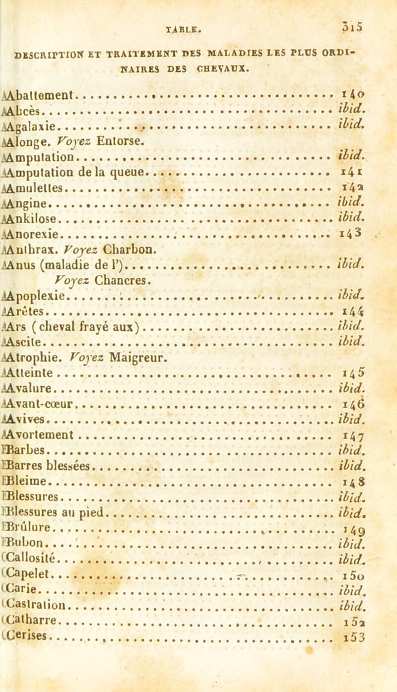 DESCRIPTION ET TRAITEMENT DES MALADIES LES PLUS ORDI- NAIRES DES CHEVAUX. Abattement i4<> Abcès ibid. Agalaxie I ibid. Allonge. Voyez Entorse. «Amputation ibid. Amputation de la queue i4* Amulettes *4a .'Angine ibid. Ankilose ibid. AAnorexie 14 3 Anthrax. Voyez Charbon. Anus (maladie de 1’) ibid. Voyez Chancres. Apoplexie : • ibid. «Arêtes 144 AArs (cheval frayé aux) ibid. «Ascite ibid. .«Atrophie. Voyez Maigreur. .Atteinte i^5 Avalure ibid. Avant-cœur 146 Avives ibid. Avortement 147 FBarbes ibid. EBarres blessées ibid. fBleime 148 IBIessures ibid. EBlessures au pied ibid. FBrûlure 14^ fBubon. ibid. (.Callosité ibid. tCapelet i5o tCarie ibid. iCastraliou. .' ibid. «Catharre a5a (.Cerises i53