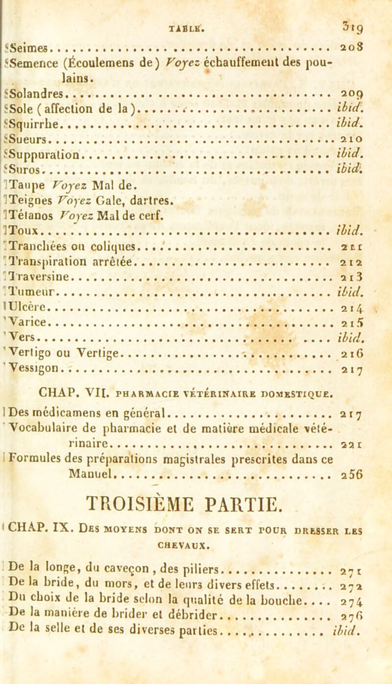 .‘Seimes 208 ‘Semence (Écoulemens de) Voyez échauffement des pou- lains. JSolandres 209 ‘Sole (affection de la) <• ibid'. SSquirrhe. ibid. ïSueurs 210 fSuppuralion -► ibid. ‘Suros ibidi ITaupe Voyez Mal de. ITeignes Voyez Gale, dartres. ITélanos Voyez Mal de cerf. IToux ibid. Tranchées ou coliques... 2te 'Transpiration arrêtée 212 'Traversine 21 3 Tumeur ibid. I Ulcère 214 ’ Varice 215 Vers ibid. ’Verligo ou Vertige . 216 ’Vessigon.. 217 CHAP. VI[. PHARMACIE VÉTÉRINAIRE DOMESTIQUE. 1 Des médicamens en général 217 Vocabulaire de pharmacie et de matière médicale vété- rinaire 22 1 Formules des préparations magistrales prescrites dans ce Manuel 2 56 TROISIÈME PARTIE. 1 CHAP. IX. Des moyens dont on se sert roua dresser les CHEVAUX. De la longe, du caveçon , des piliers 271 De la bride, du mors, et de Ieur3 divers effets 272 Du choix de la bride selon la qualité de la bouche.... 274 De la manière de brider et débrider 276 De la selle et de ses diverses parties. . ibid.