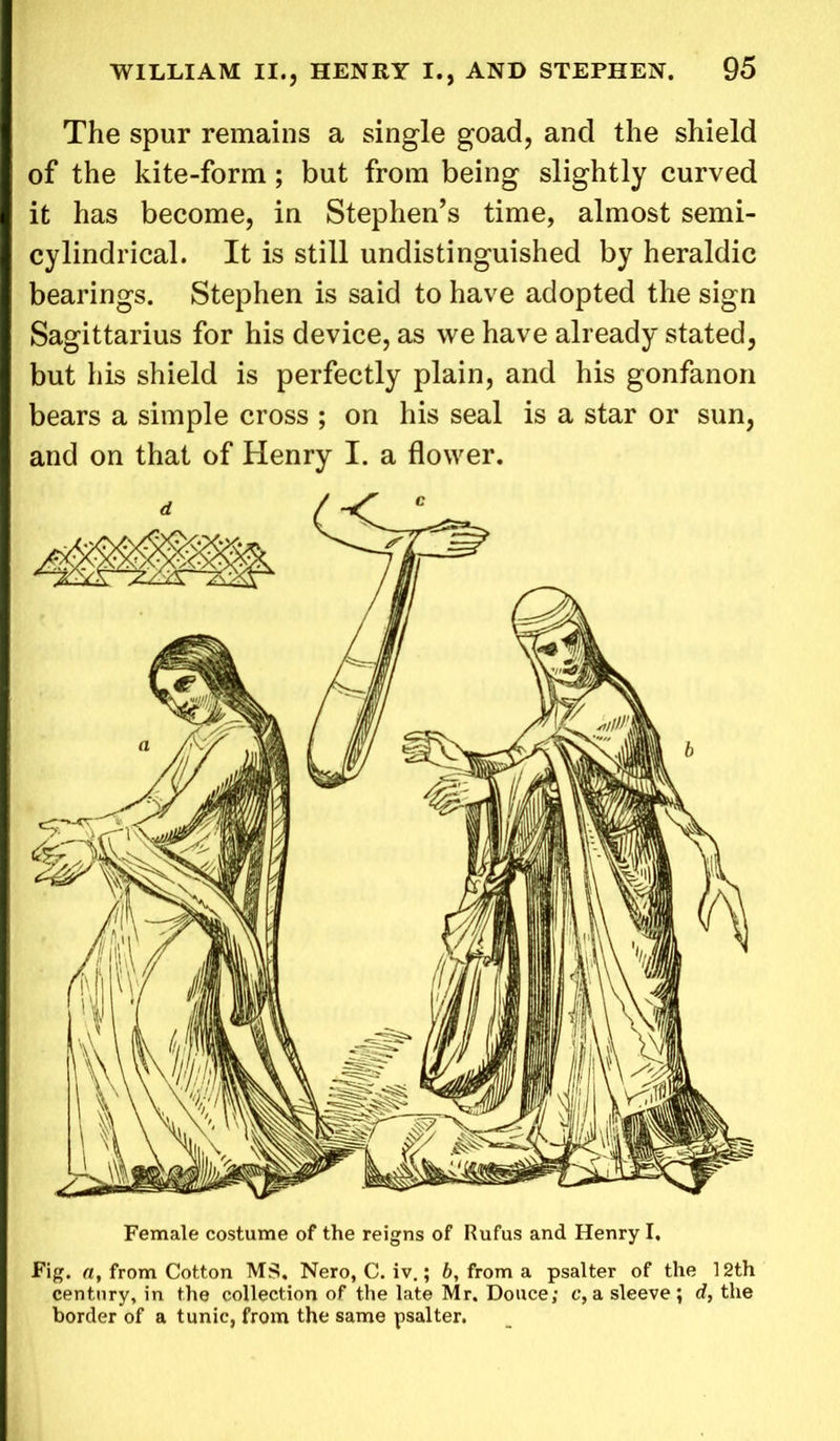 The spur remains a single goad, and the shield of the kite-form; but from being slightly curved it has become, in Stephen’s time, almost semi- cylindrical. It is still undistinguished by heraldic bearings. Stephen is said to have adopted the sign Sagittarius for his device, as we have already stated, but his shield is perfectly plain, and his gonfanon bears a simple cross ; on his seal is a star or sun, and on that of Henry I. a flower. Female costume of the reigns of Rufus and Henry I. Fig. «, from Cotton MS, Nero, C. iv.; b, from a psalter of the 12th century, in the collection of the late Mr. Douce; c, a sleeve; d, the border of a tunic, from the same psalter.