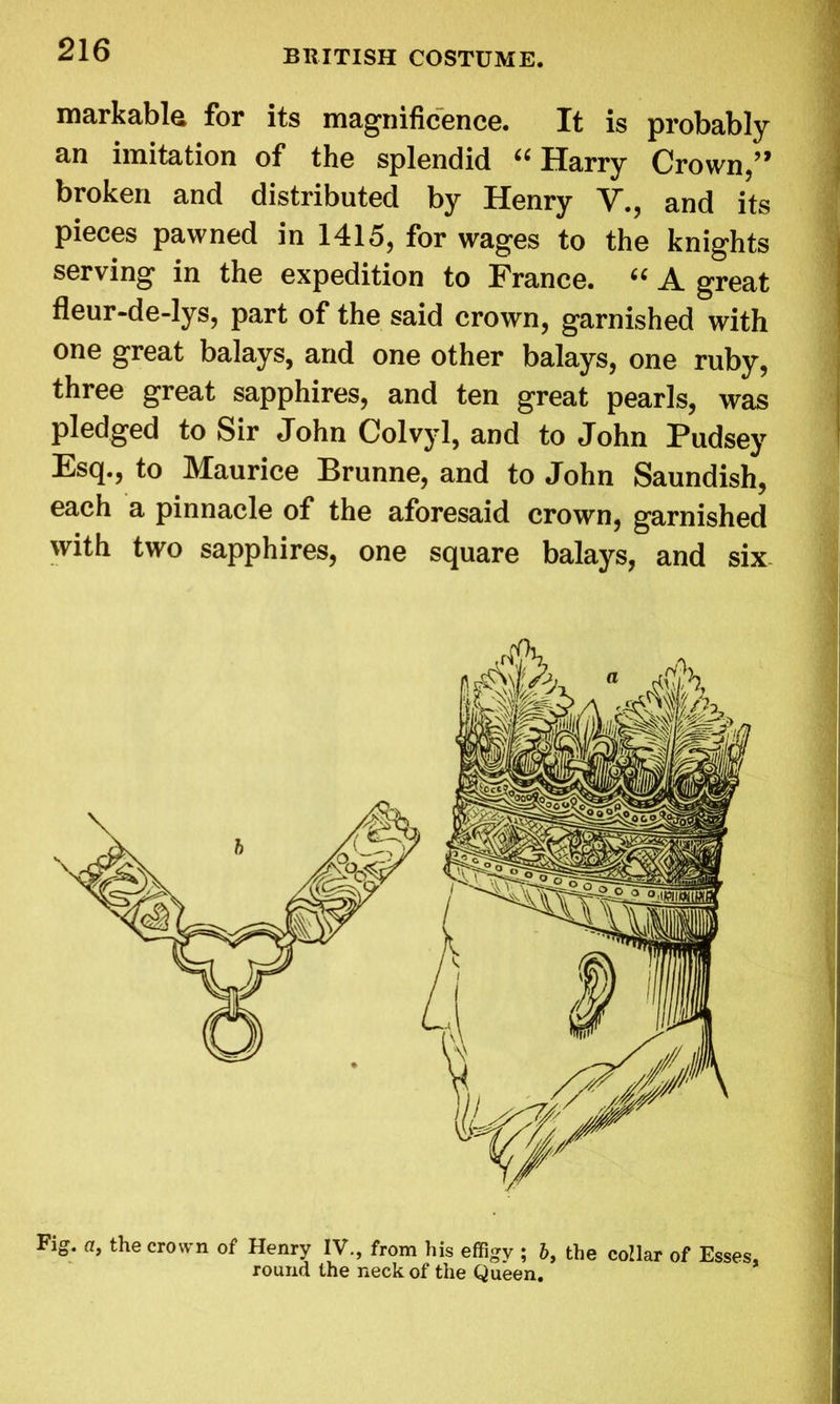markable for its magnificence. It is probably an imitation of the splendid “ Harry Crown,” broken and distributed by Henry V., and its pieces pawned in 1415, for wages to the knights serving in the expedition to France. “ A great fleur-de-lys, part of the said crown, garnished with one great balays, and one other balays, one ruby, three great sapphires, and ten great pearls, was pledged to Sir John Colvyl, and to John Pudsey Esq., to Maurice Brunne, and to John Saundish, each a pinnacle of the aforesaid crown, garnished with two sapphires, one square balays, and six Fig. a, the crown of Henry IV., from his effigy ; b, the collar of Esses, round the neck of the Queen.