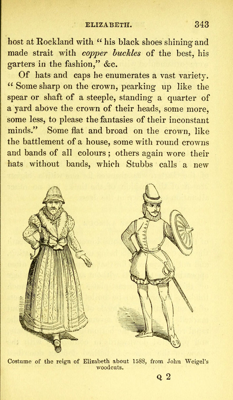 host at Hockland with “ his black shoes shining1 and made strait with copper buckles of the best, his garters in the fashion,” &c. Of hats and caps he enumerates a vast variety. “ Some sharp on the crown, pearking up like the spear or shaft of a steeple, standing a quarter of a yard above the crown of their heads, some more, some less, to please the fantasies of their inconstant minds.” Some flat and broad on the crown, like the battlement of a house, some with round crowns and bands of all colours; others again wore their hats without bands, which Stubbs calls a new
