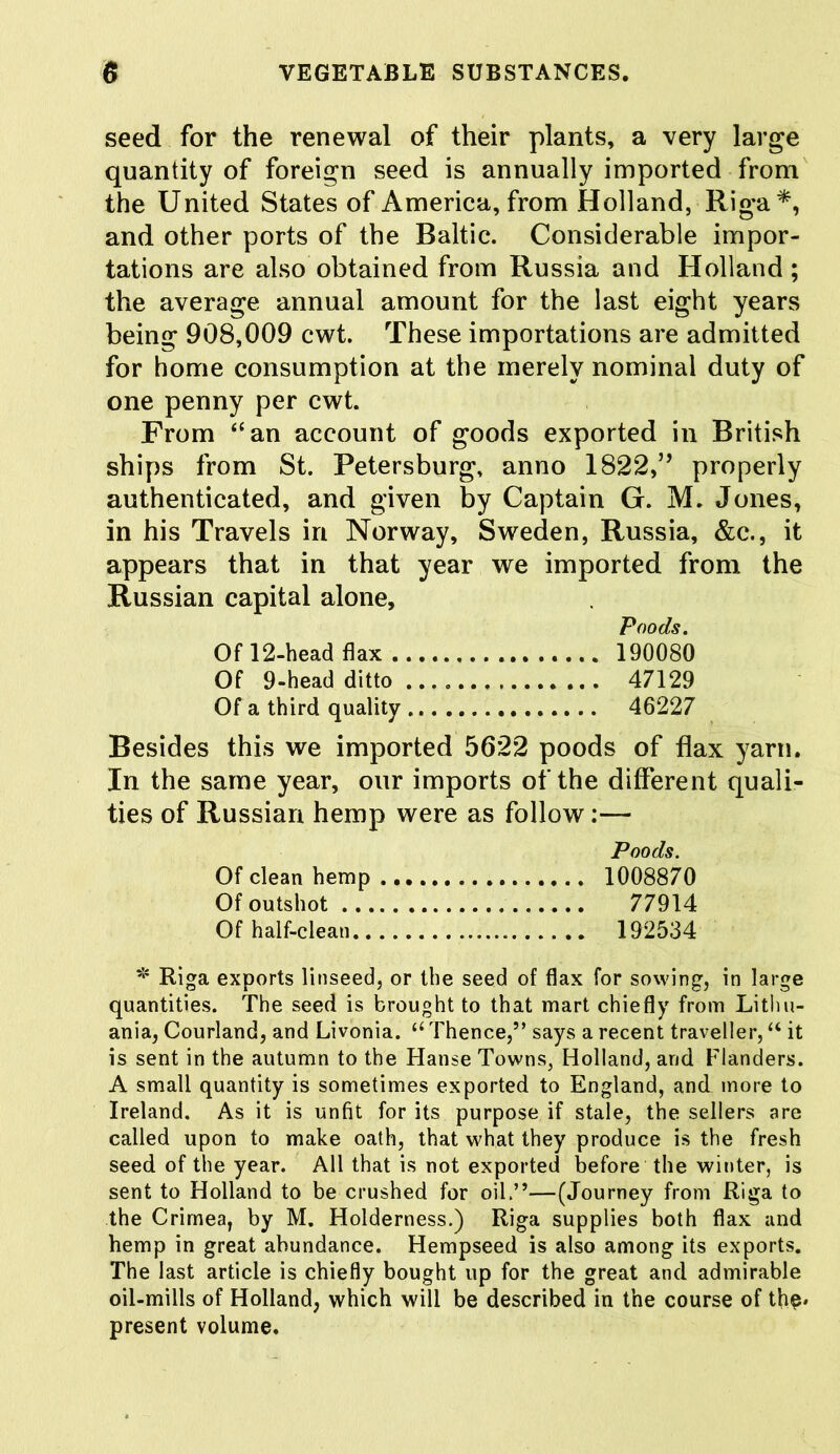 seed for the renewal of their plants, a very large quantity of foreign seed is annually imported from the United States of America, from Holland, Riga*, and other ports of the Baltic. Considerable impor- tations are also obtained from Russia and Holland; the average annual amount for the last eight years being 908,009 cwt. These importations are admitted for home consumption at the merely nominal duty of one penny per cwt. From “an account of goods exported in British ships from St. Petersburg, anno 1822,” properly authenticated, and given by Captain G. M. Jones, in his Travels in Norway, Sweden, Russia, &c., it appears that in that year we imported from the Russian capital alone. Poods. Of 12-head flax 190080 Of 9-head ditto 47129 Of a third quality 46227 Besides this we imported 5622 poods of flax yarn. In the same year, our imports of the different quali- ties of Russian hemp were as follow:— Poods. Of clean hemp 1008870 Of outshot 77914 Of half-clean 192534 * Riga exports linseed, or the seed of flax for sowing, in large quantities. The seed is brought to that mart chiefly from Lithu- ania, Courland, and Livonia. “ Thence,” says a recent traveller, “ it is sent in the autumn to the Hanse Towns, Holland, and Flanders. A small quantity is sometimes exported to England, and more to Ireland. As it is unfit for its purpose if stale, the sellers are called upon to make oath, that what they produce is the fresh seed of the year. All that is not exported before the winter, is sent to Holland to be crushed for oil.”—(Journey from Riga to the Crimea, by M. Holderness.) Riga supplies both flax and hemp in great abundance. Hempseed is also among its exports. The last article is chiefly bought up for the great and admirable oil-mills of Holland, which will be described in the course of th§. present volume.