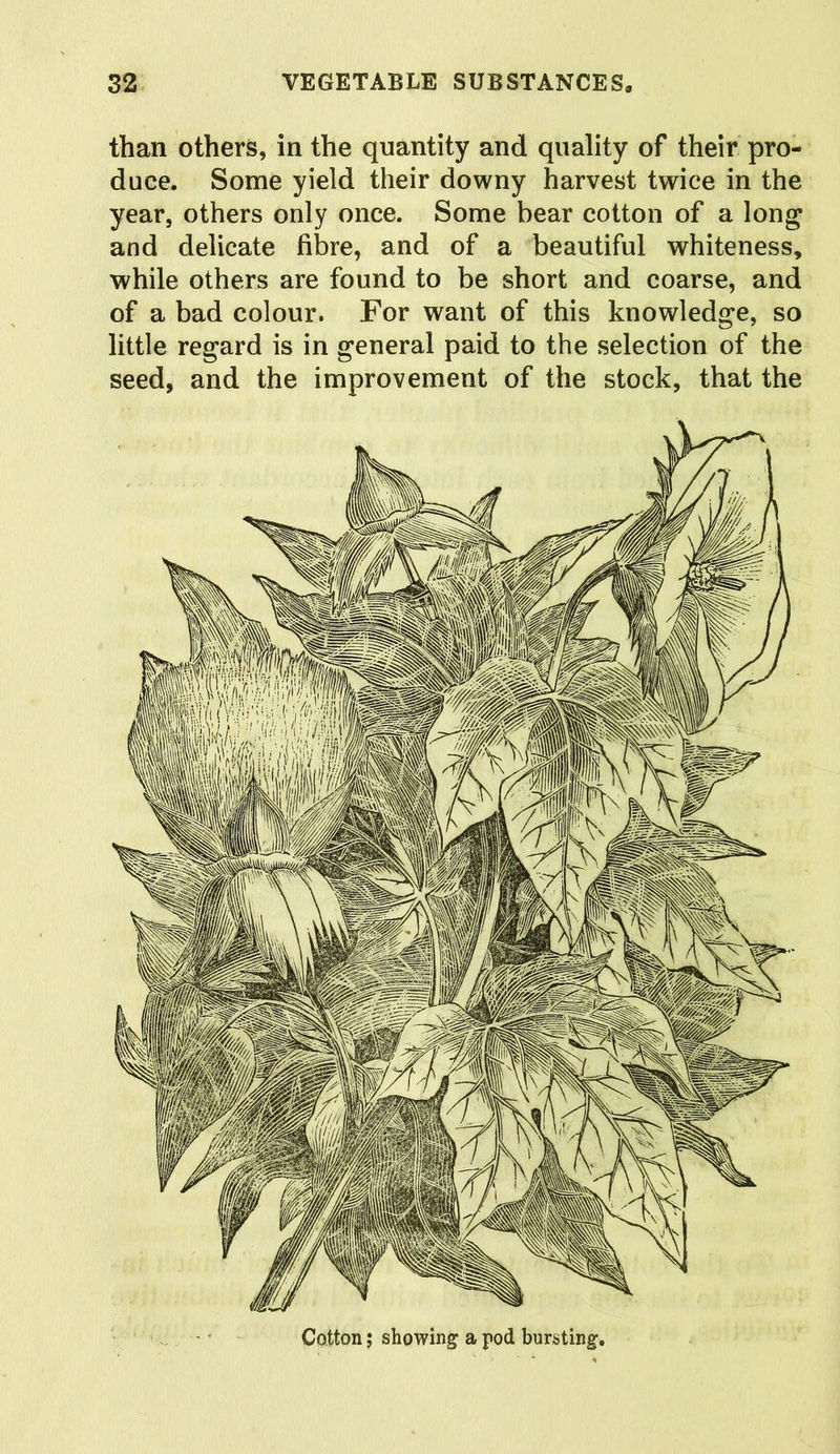 than others, in the quantity and quality of their pro- duce. Some yield their downy harvest twice in the year, others only once. Some bear cotton of a long and delicate fibre, and of a beautiful whiteness, while others are found to be short and coarse, and of a bad colour. For want of this knowledge, so little regard is in general paid to the selection of the seed, and the improvement of the stock, that the