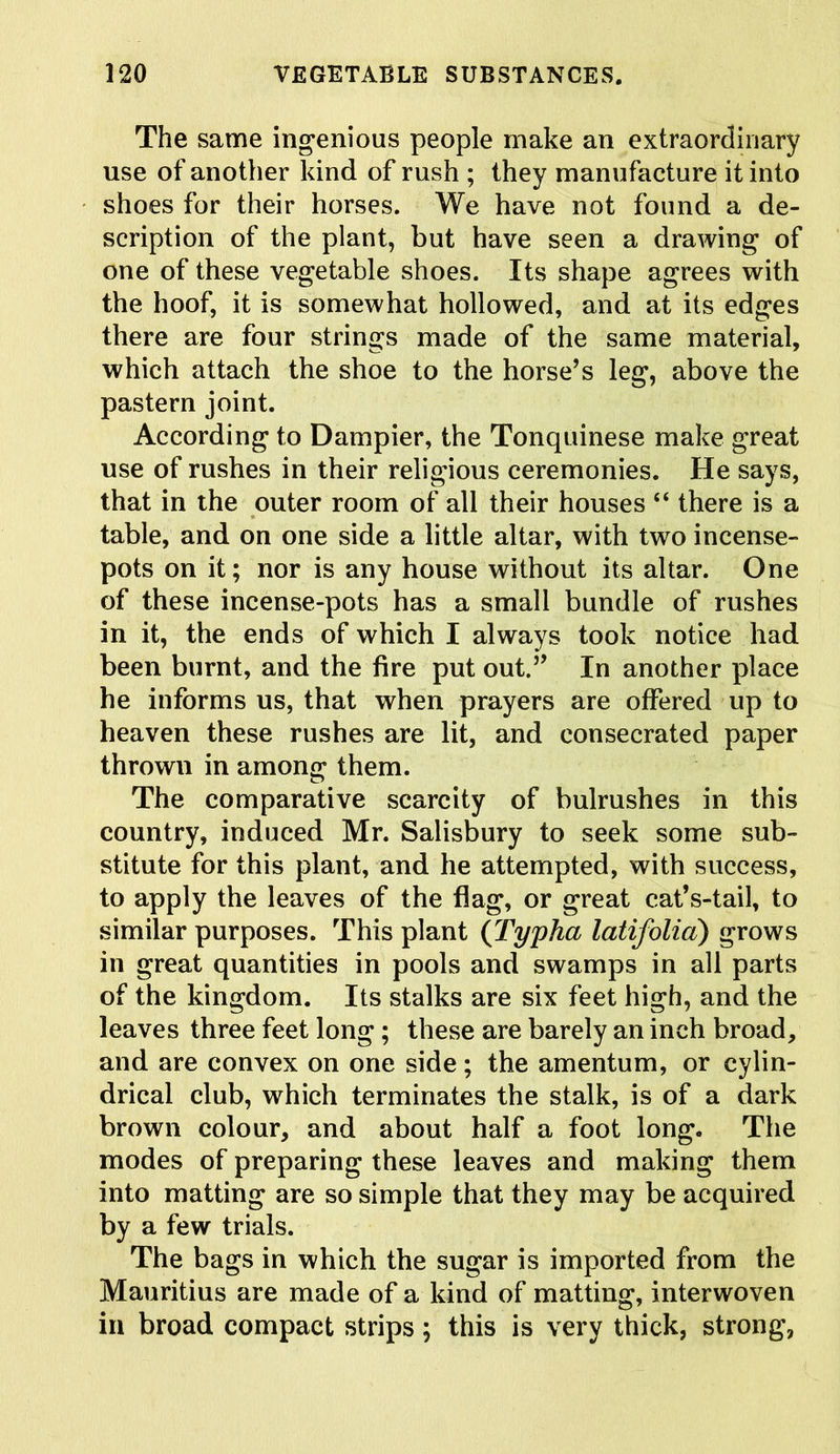 The same ingenious people make an extraordinary use of another kind of rush ; they manufacture it into shoes for their horses. We have not found a de- scription of the plant, but have seen a drawing of one of these vegetable shoes. Its shape agrees with the hoof, it is somewhat hollowed, and at its edges there are four strings made of the same material, which attach the shoe to the horse’s leg, above the pastern joint. According to Dampier, the Tonquinese make great use of rushes in their religious ceremonies. He says, that in the outer room of all their houses “ there is a table, and on one side a little altar, with two incense- pots on it; nor is any house without its altar. One of these incense-pots has a small bundle of rushes in it, the ends of which I always took notice had been burnt, and the fire put out.” In another place he informs us, that when prayers are offered up to heaven these rushes are lit, and consecrated paper thrown in among them. The comparative scarcity of bulrushes in this country, induced Mr. Salisbury to seek some sub- stitute for this plant, and he attempted, with success, to apply the leaves of the flag, or great cat’s-tail, to similar purposes. This plant (Typha latifolia) grows in great quantities in pools and swamps in all parts of the kingdom. Its stalks are six feet high, and the leaves three feet long; these are barely an inch broad, and are convex on one side; the amentum, or cylin- drical club, which terminates the stalk, is of a dark brown colour, and about half a foot long. The modes of preparing these leaves and making them into matting are so simple that they may be acquired by a few trials. The bags in which the sugar is imported from the Mauritius are made of a kind of matting, interwoven in broad compact strips; this is very thick, strong,