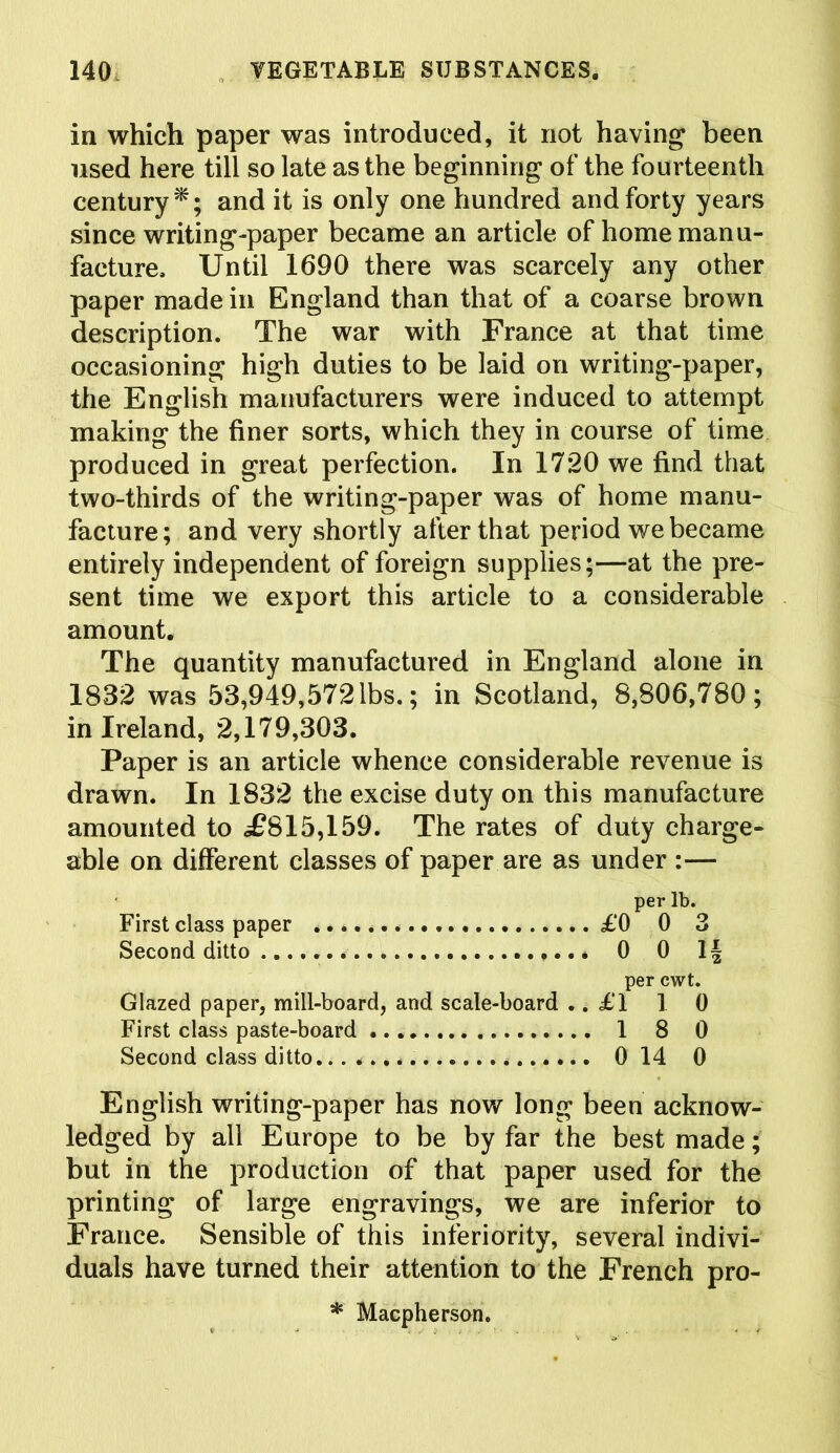 in which paper was introduced, it not having been used here till so late as the beginning of the fourteenth century*; and it is only one hundred and forty years since writing-paper became an article of home manu- facture, Until 1690 there was scarcely any other paper made in England than that of a coarse brown description. The war with France at that time occasioning high duties to be laid on writing-paper, the English manufacturers were induced to attempt making the finer sorts, which they in course of time produced in great perfection. In 1720 we find that two-thirds of the writing-paper was of home manu- facture; and very shortly after that period we became entirely independent of foreign supplies;—at the pre- sent time we export this article to a considerable amount. The quantity manufactured in England alone in 1832 was 53,949,572lbs.; in Scotland, 8,806,780; in Ireland, 2,179,303. Paper is an article whence considerable revenue is drawn. In 1832 the excise duty on this manufacture amounted to ,£815,159. The rates of duty charge- able on different classes of paper are as under :— per lb. First class paper £0 0 3 Second ditto 0 0 1| per cwt. Glazed paper, mill-board, and scale-board .. £1 1 0 First class paste-board 1 8 0 Second class ditto. 0 14 0 English writing-paper has now long been acknow- ledged by all Europe to be by far the best made; but in the production of that paper used for the printing of large engravings, we are inferior to France. Sensible of this inferiority, several indivi- duals have turned their attention to the French pro-