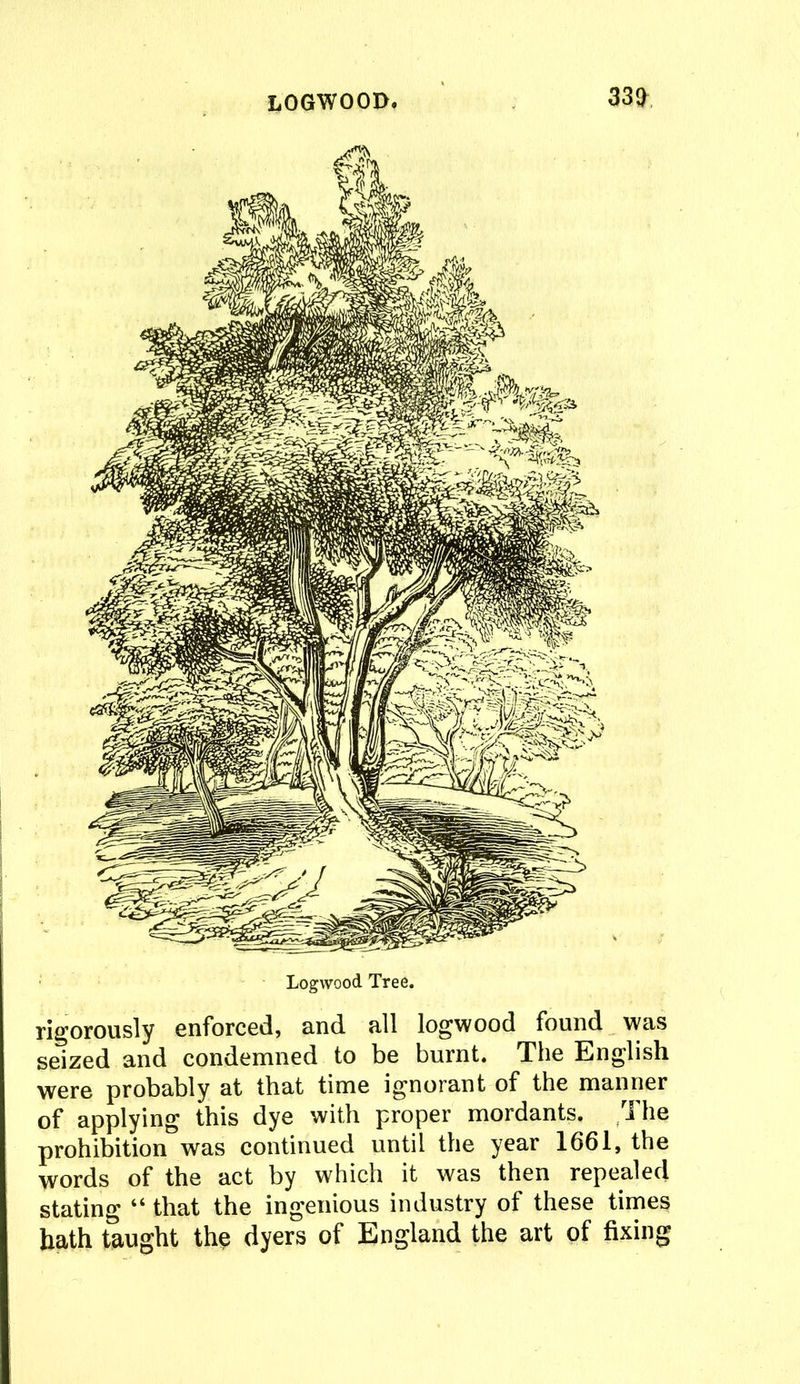 330 rigorously enforced, and all logwood found was seized and condemned to be burnt. The English were probably at that time ignorant of the manner of applying this dye with proper mordants. The prohibition was continued until the year 1661, the words of the act by which it was then repealed stating “ that the ingenious industry of these times hath taught the dyers of England the art of fixing