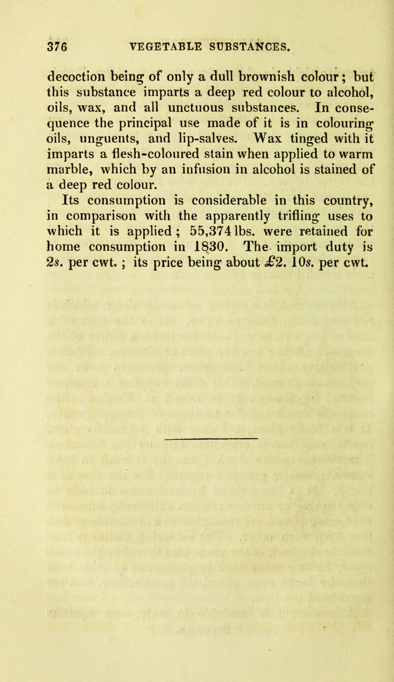 decoction being of only a dull brownish colour; but this substance imparts a deep red colour to alcohol, oils, wax, and all unctuous substances. In conse- quence the principal use made of it is in colouring oils, unguents, and lip-salves. Wax tinged with it imparts a flesh-coloured stain when applied to warm marble, which by an infusion in alcohol is stained of a deep red colour. Its consumption is considerable in this country, in comparison with the apparently trifling uses to which it is applied; 55,374lbs. were retained for home consumption in 1830. The import duty is 2s. per cwt. ; its price being about £2. 10s. per cwt.