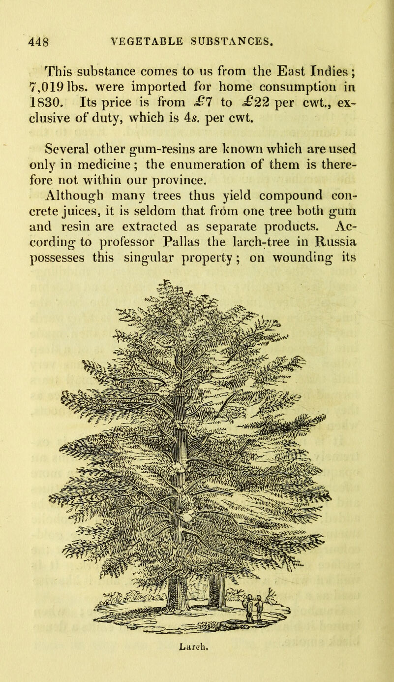 This substance conies to us from the East Indies; 7,019 lbs. were imported for home consumption in 1830. Its price is from <£7 to £22 per cwt., ex- clusive of duty, which is 4s. per cwt. Several other gum-resins are known which are used only in medicine; the enumeration of them is there- fore not within our province. Although many trees thus yield compound con- crete juices, it is seldom that from one tree both gum and resin are extracted as separate products. Ac- cording to professor Pallas the larchTtree in Russia possesses this singular property; on wounding its Lareh.