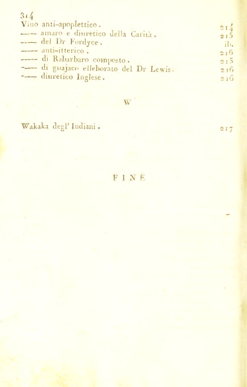 Vino anti-,i|iopIetticn . amaro e ditiretico Jella Cariù . de! Dr Fordyce . anti-itterico . di Rabarbaro composto. d, guajaco elleborato del Dr Lewis- diuretico Inglese. Wakaka degl' Iudiani ; FINE